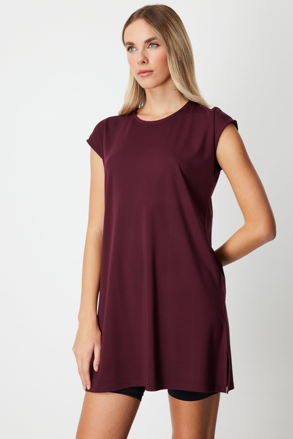 Sıfır Yaka Uzun Basic Tunik - Bordo