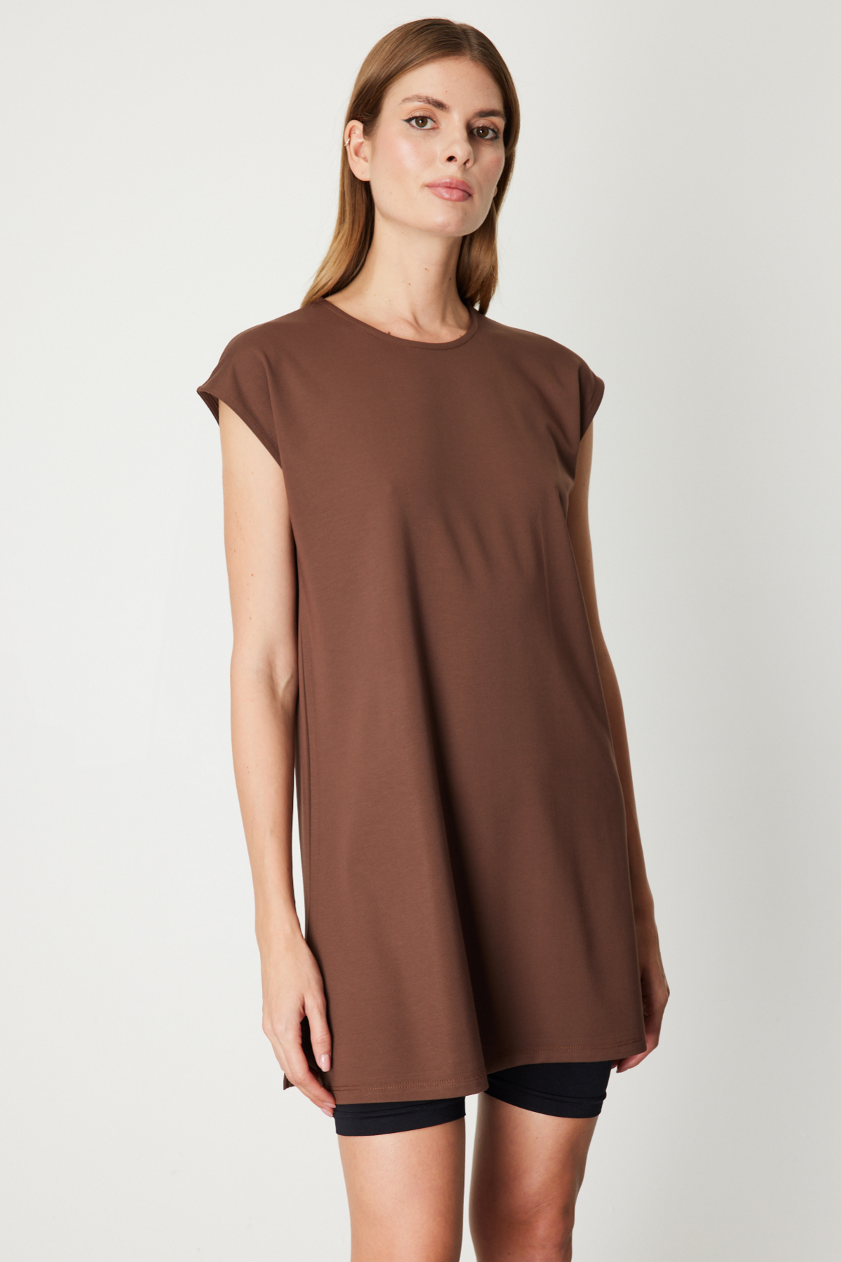 Sıfır Yaka Uzun Basic Tunik - Kahverengi