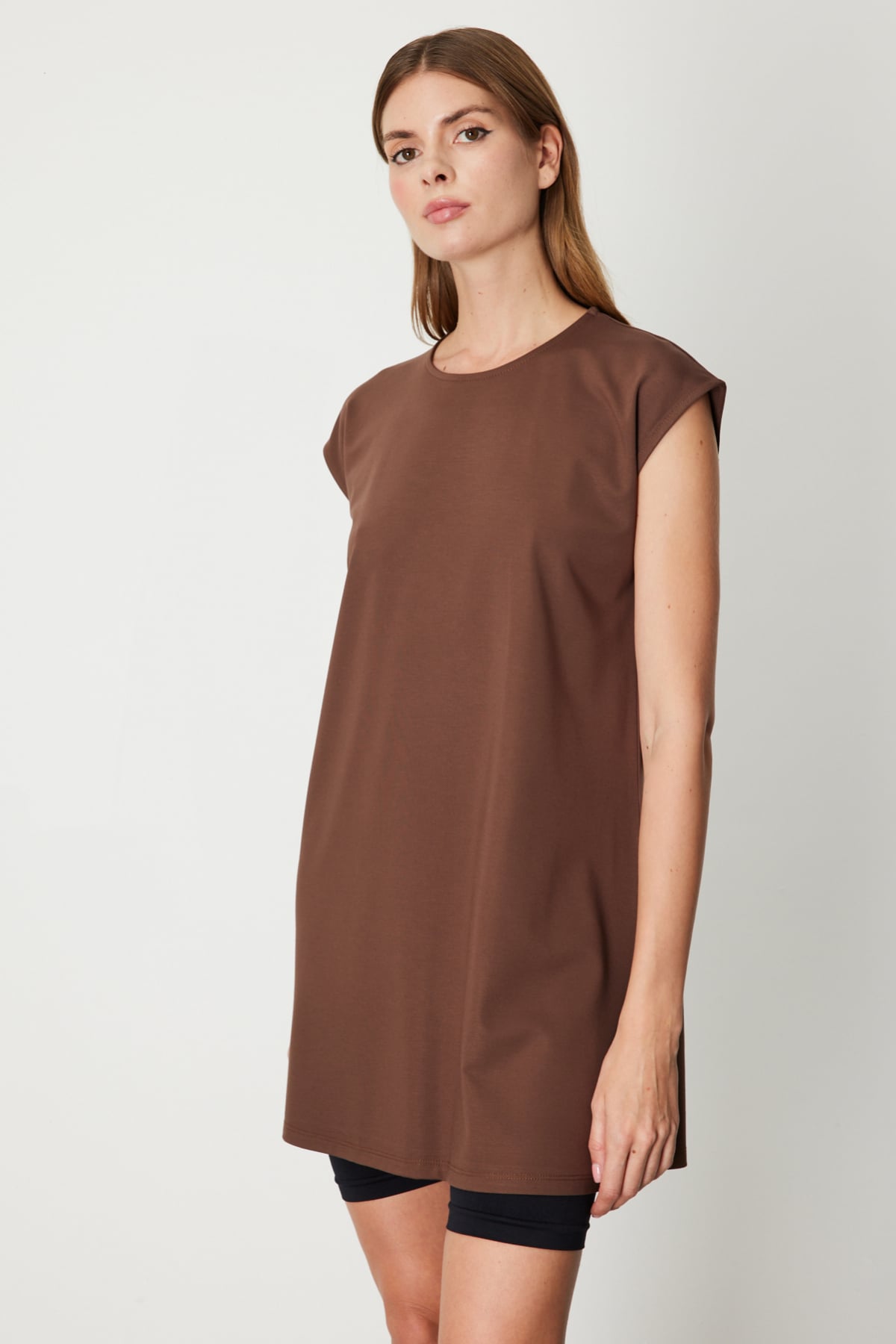 Sıfır Yaka Uzun Basic Tunik - Kahverengi
