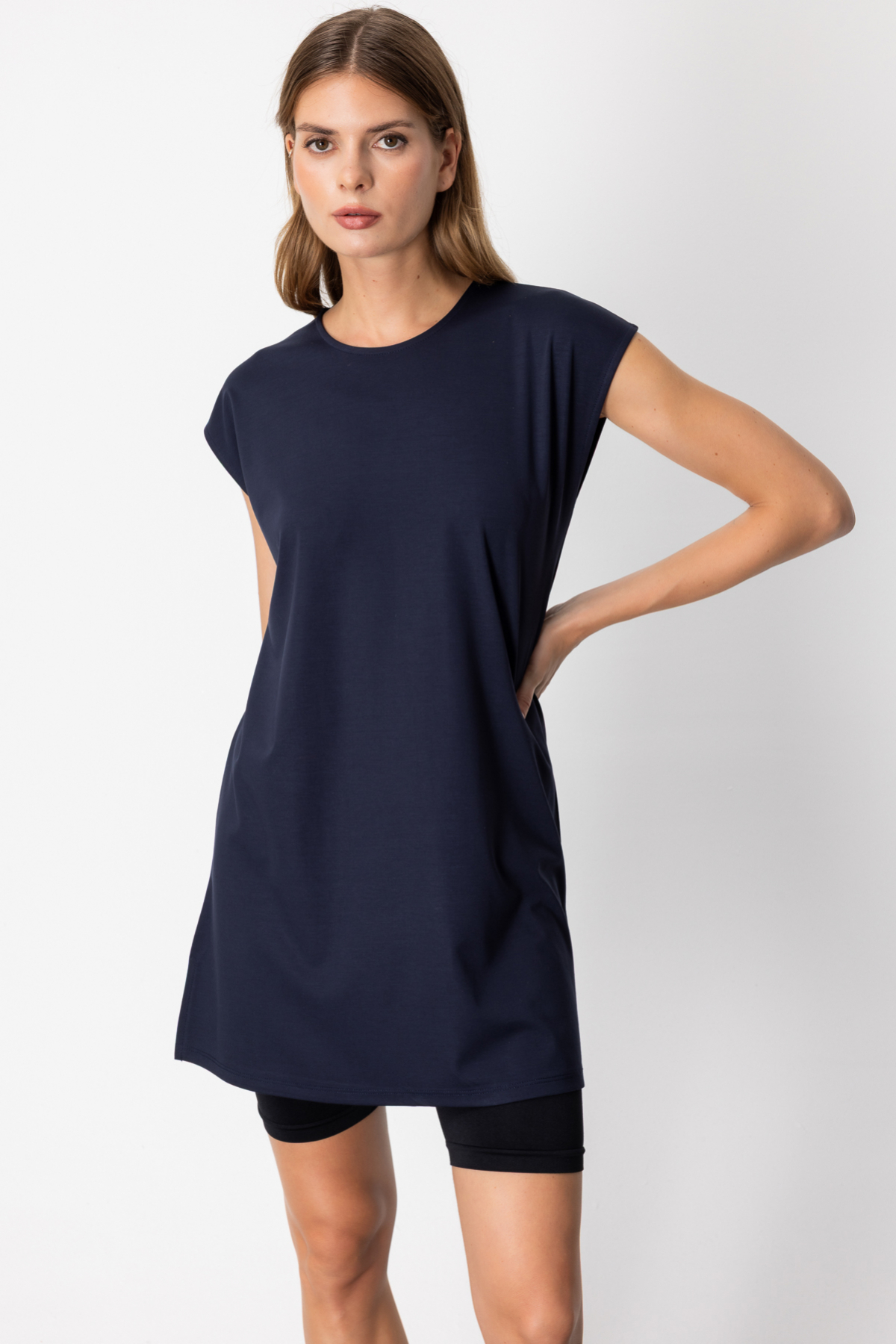 Sıfır Yaka Uzun Basic Tunik - Lacivert