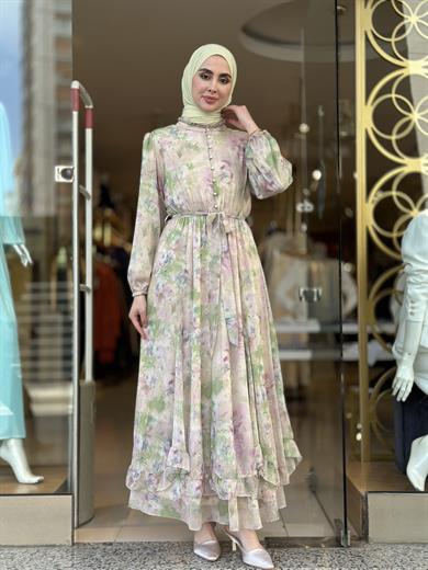 Şifon Çiçek Desenli Şık Elbise - Pembe 