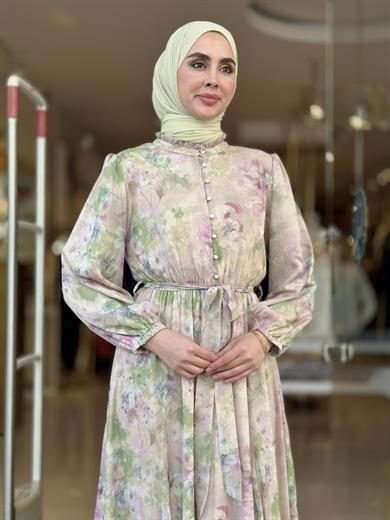Şifon Çiçek Desenli Şık Elbise - Pembe 