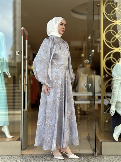 Şifon Desenli Şık Elbise - Mavi