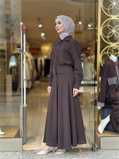 Şık Drape Detaylı Takım - Kahve
