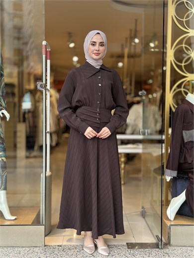 Şık Drape Detaylı Takım - Kahve