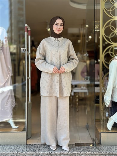 Taş Detaylı Keten Takım - Taş