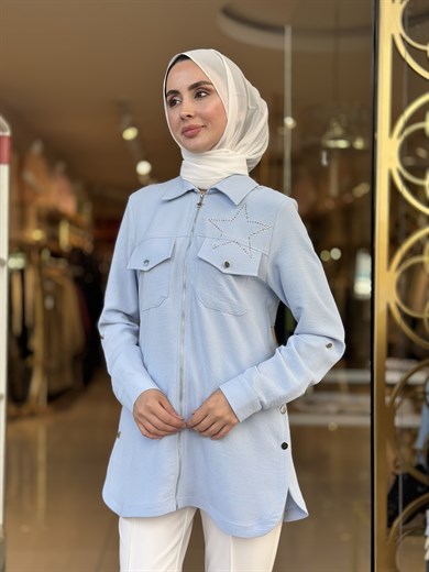 Taş İşlemeli Kap - Buz Mavi