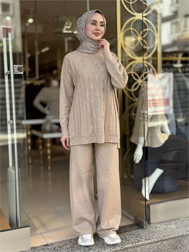 Taş İşlemeli Örgü Triko Takım - Bej