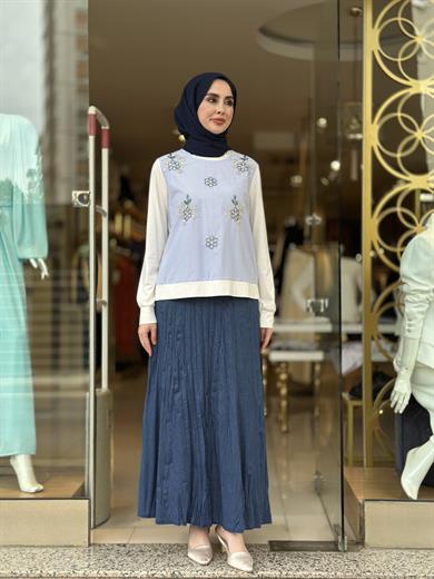 Tencel Kırıştırma Kot Etek - İndigo
