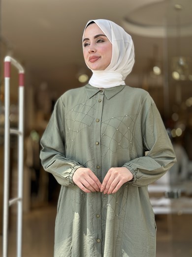 Tencel Taş İşlemeli Takım - Haki 