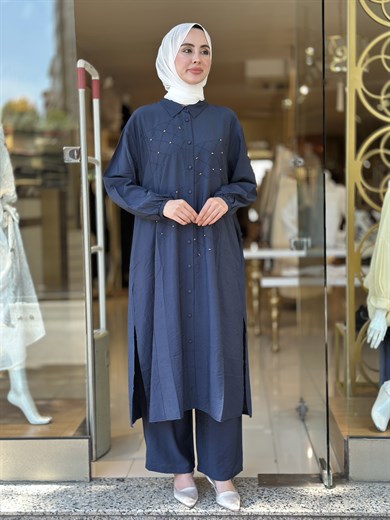 Tencel Taş İşlemeli Takım - Lacivert