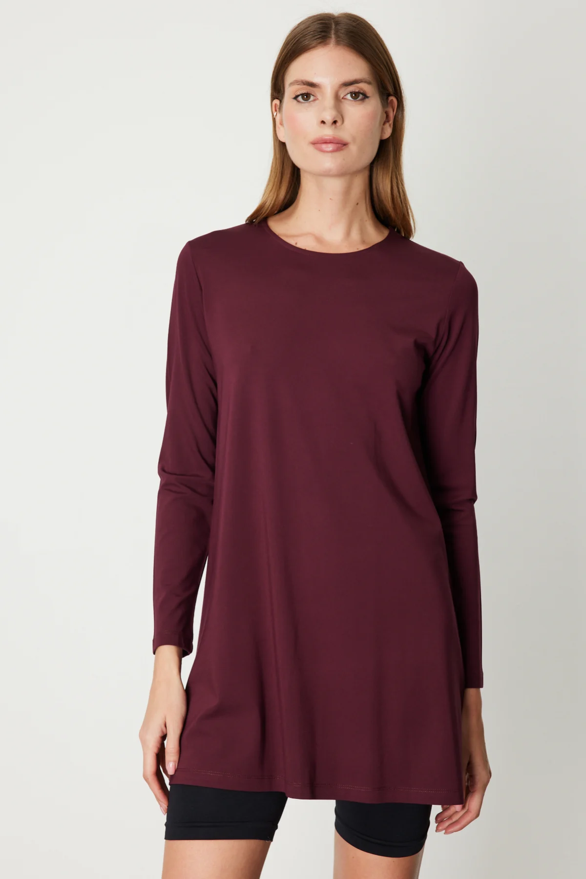 Uzun Kollu Basic Tunik - Bordo