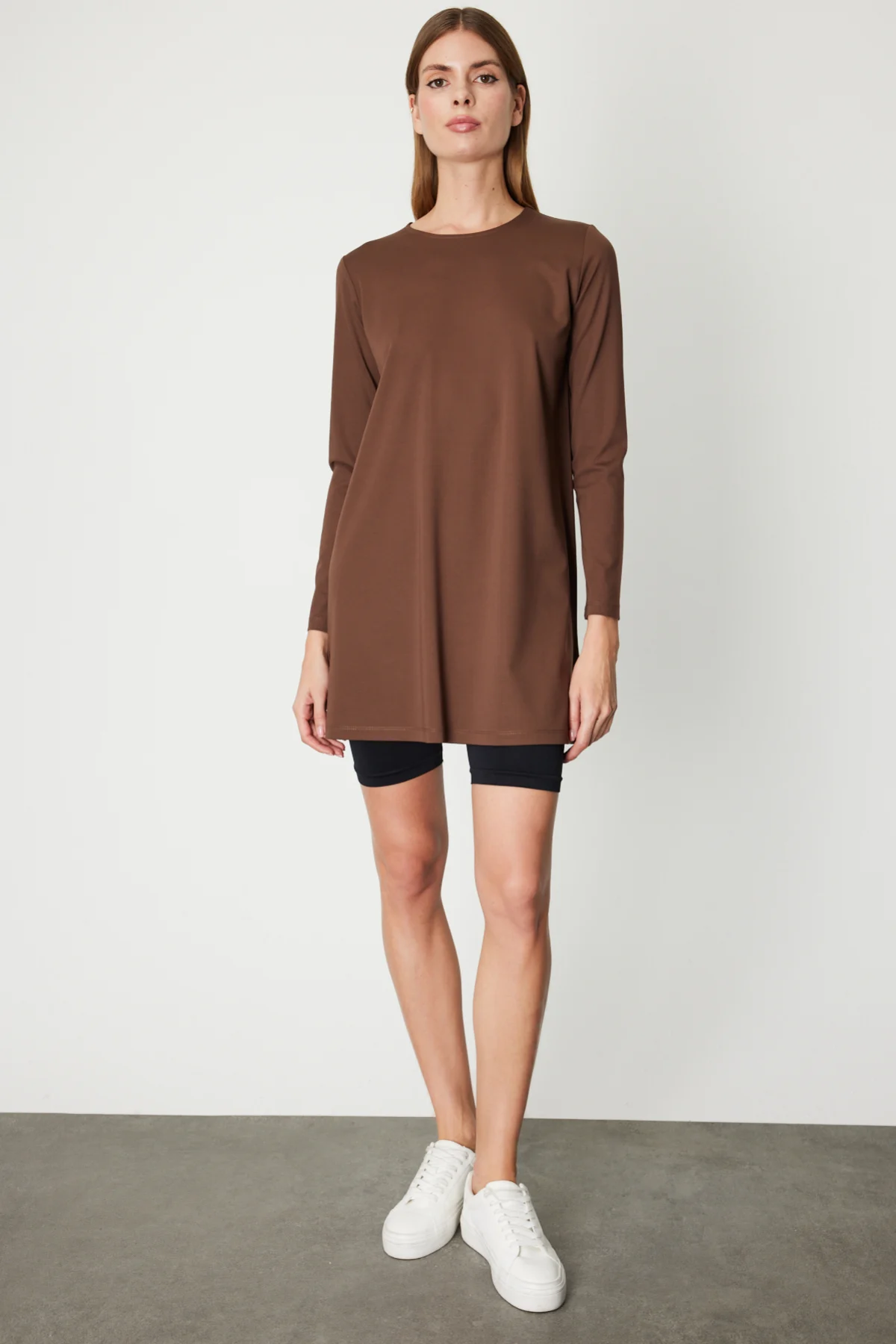Uzun Kollu Basic Tunik - Kahverengi
