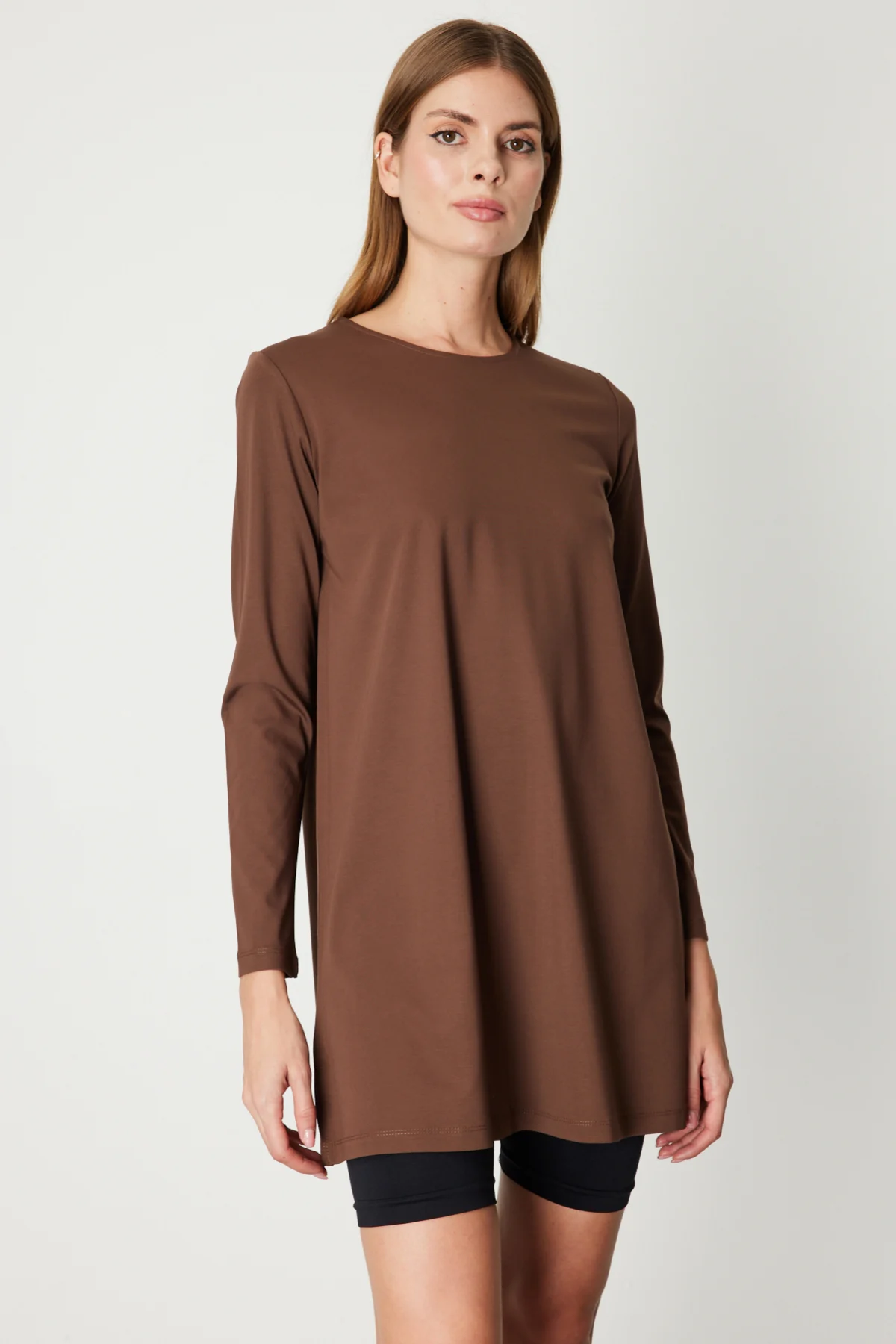 Uzun Kollu Basic Tunik - Kahverengi