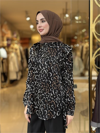Viscon Saten Kolları Pileli Tunik - Siyah