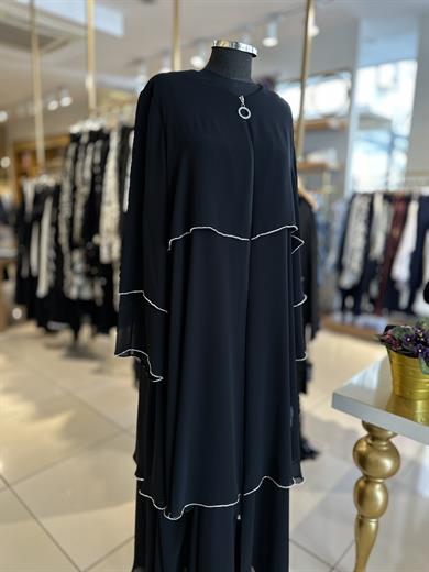 Volanlı Taş Şeritli Ferace - Siyah