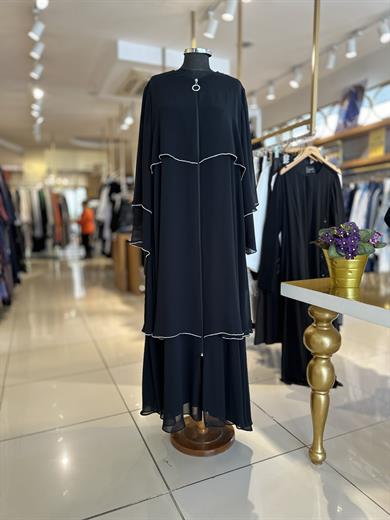 Volanlı Taş Şeritli Ferace - Siyah