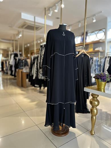 Volanlı Taş Şeritli Ferace - Siyah