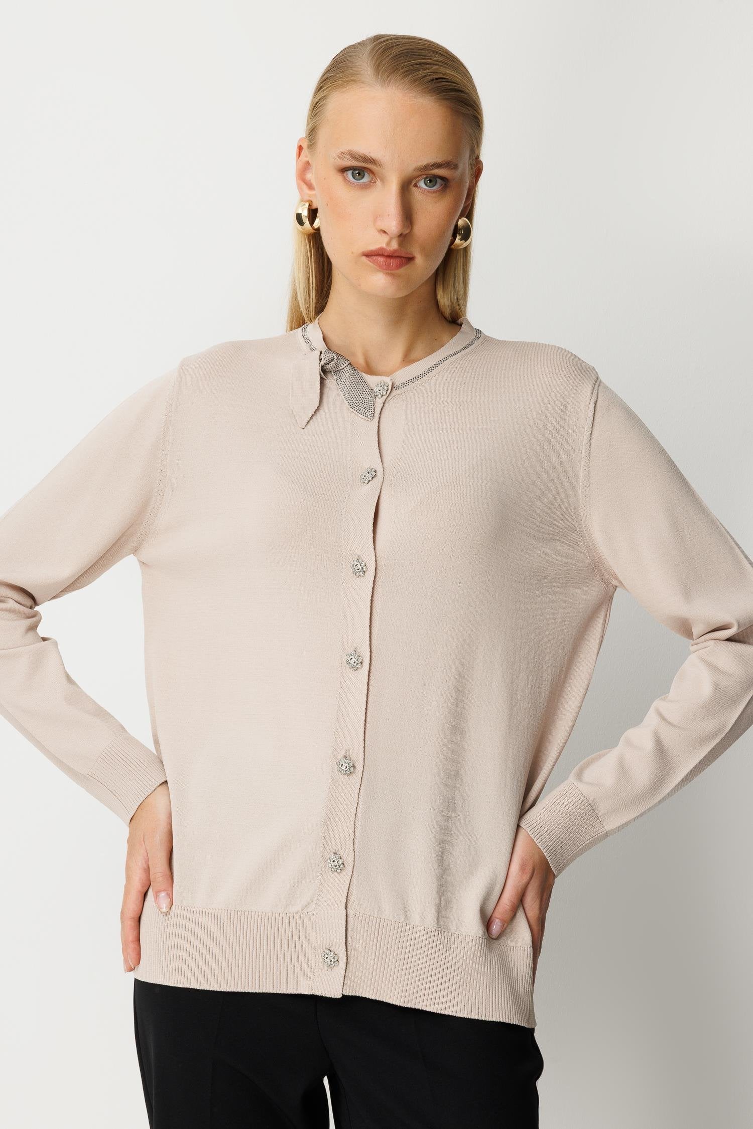 Yaka Detaylı Triko Hırka - Taş