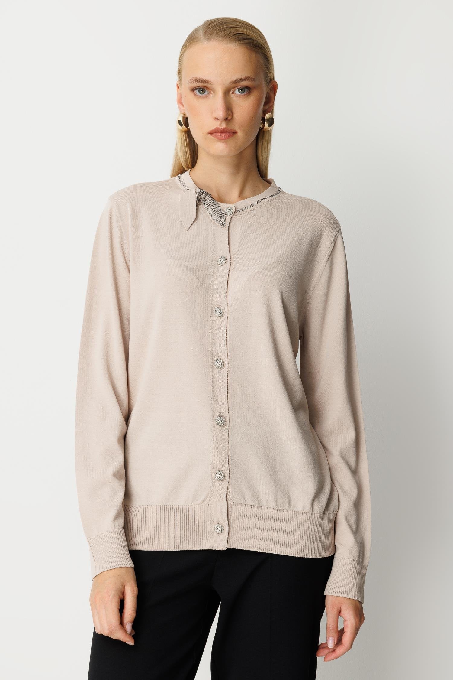 Yaka Detaylı Triko Hırka - Taş