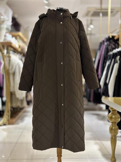 Yanları Düğmeli Şişme Mont - Kahverengi