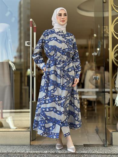 Zincir Desen Bel Büzgülü Gömlek Elbise - Mavi