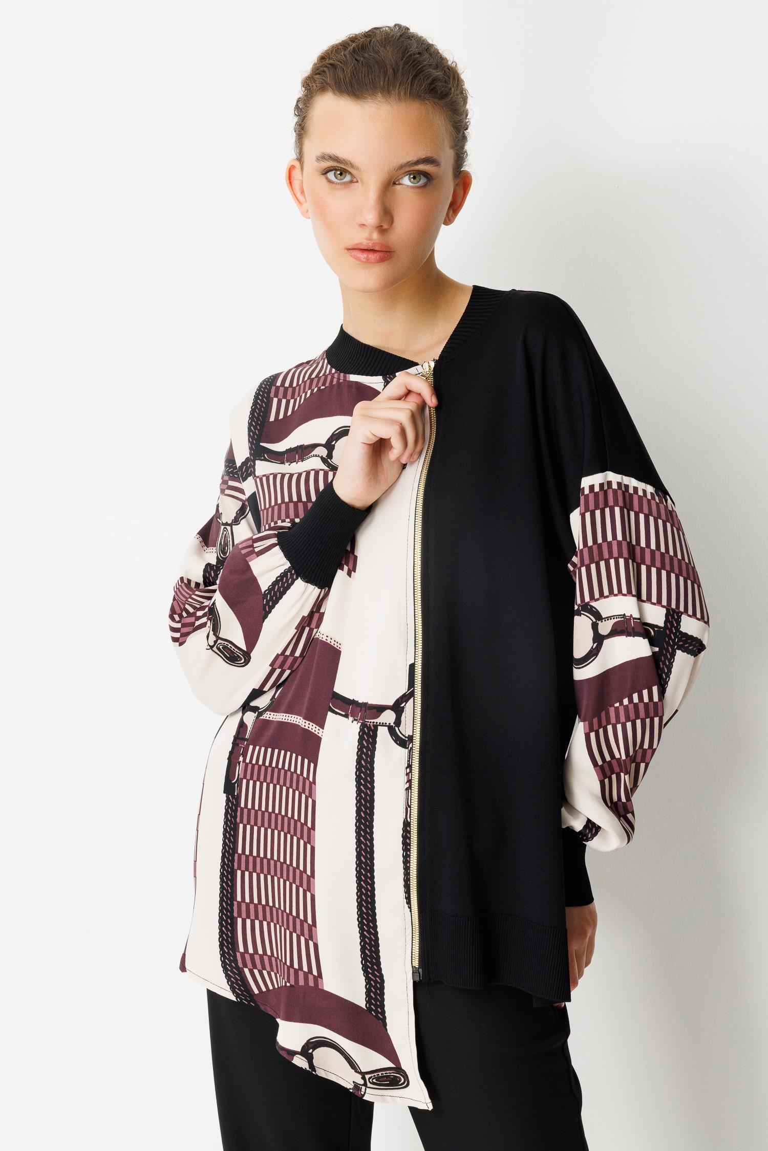 Zincir Desen Fermuarlı Tunik - Bordo