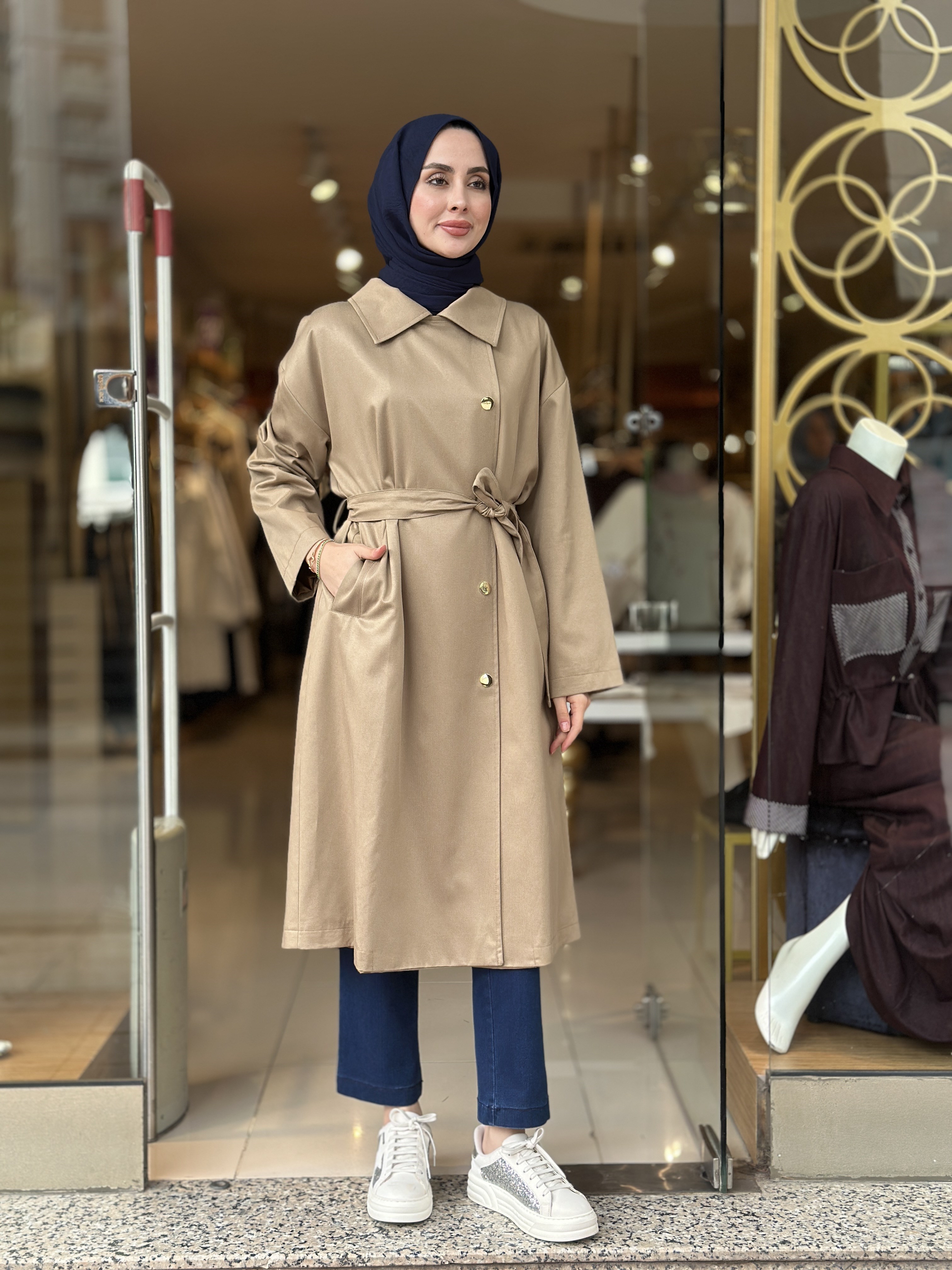 Belden Kuşaklı Şık Trençkot - Camel 