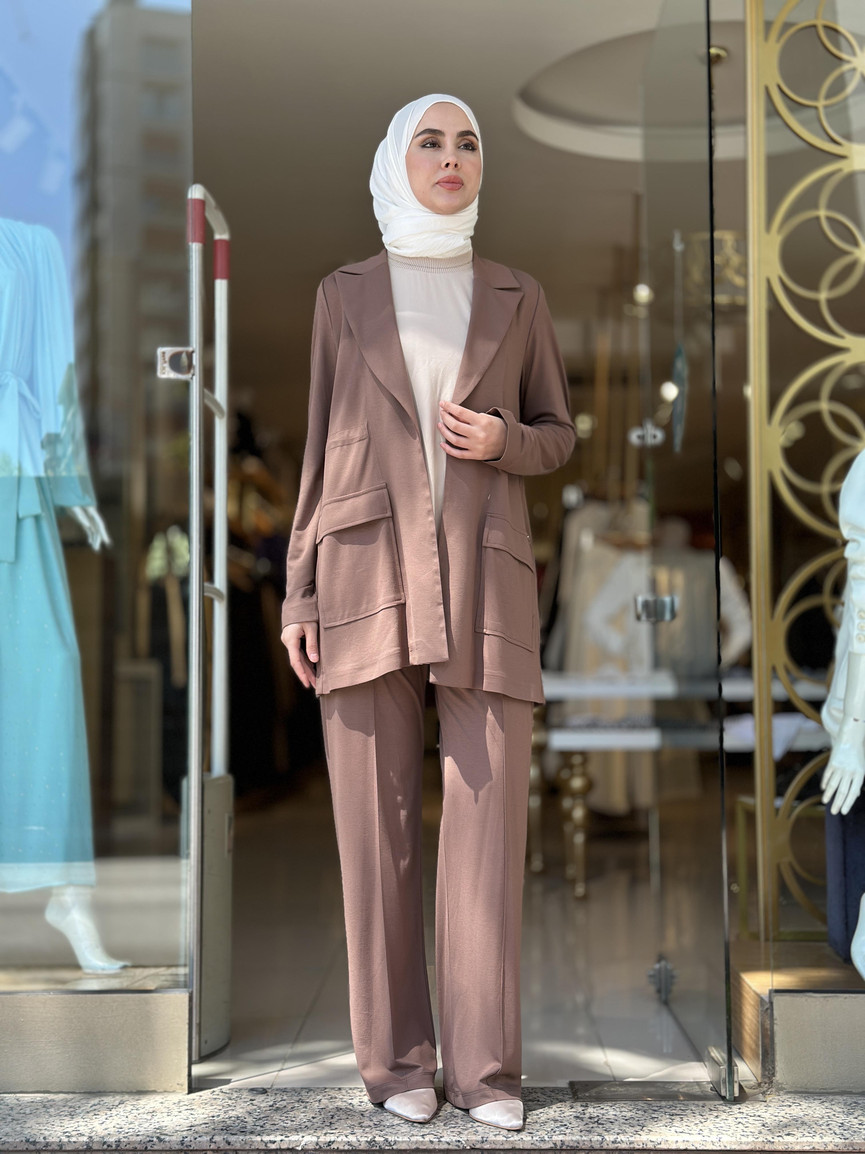 Beli Büzgülü Örme Ceketli Takım - Çikolata 