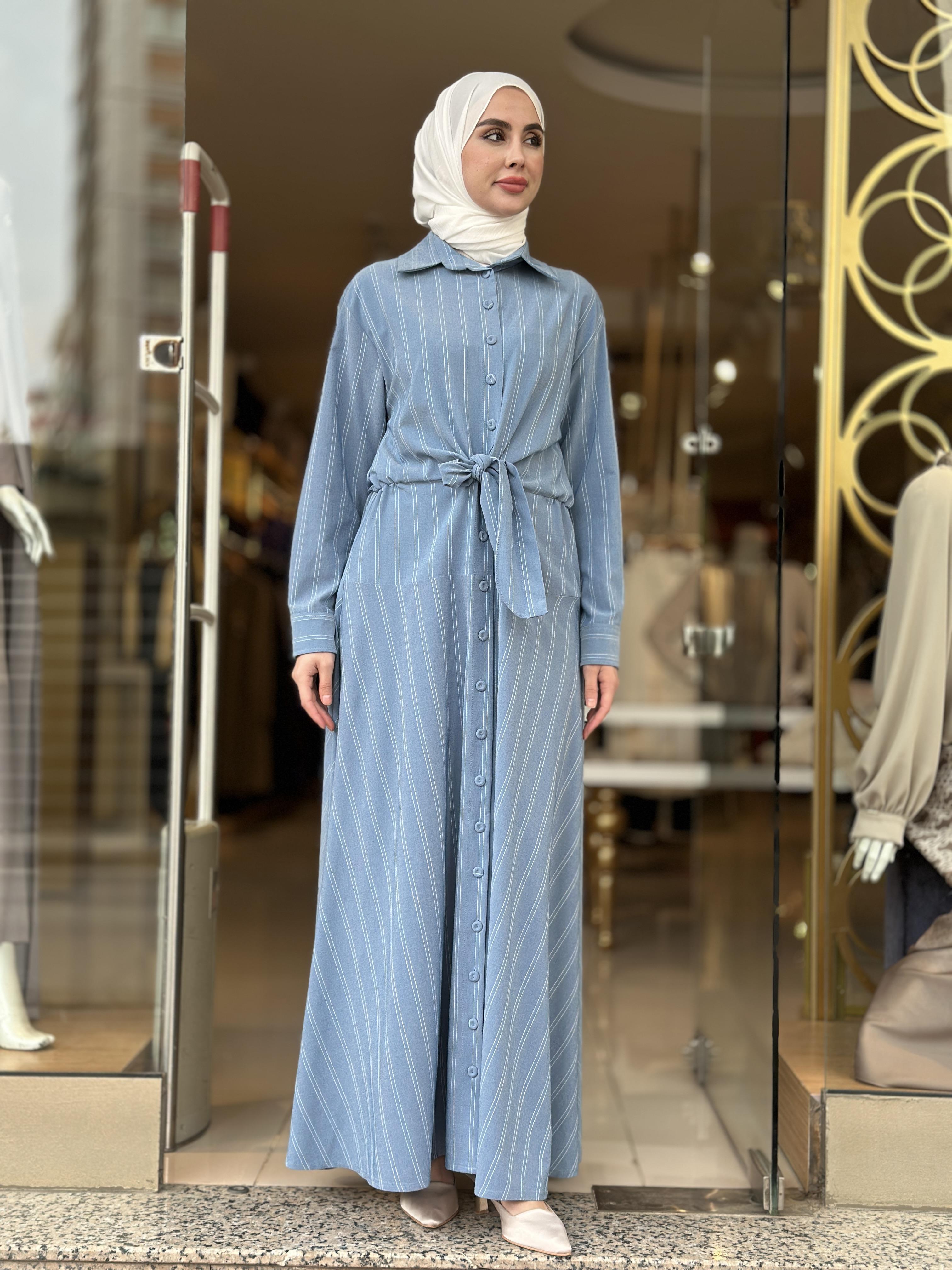 Cotton Viscon Belden Bağlamalı Elbise - Mavi