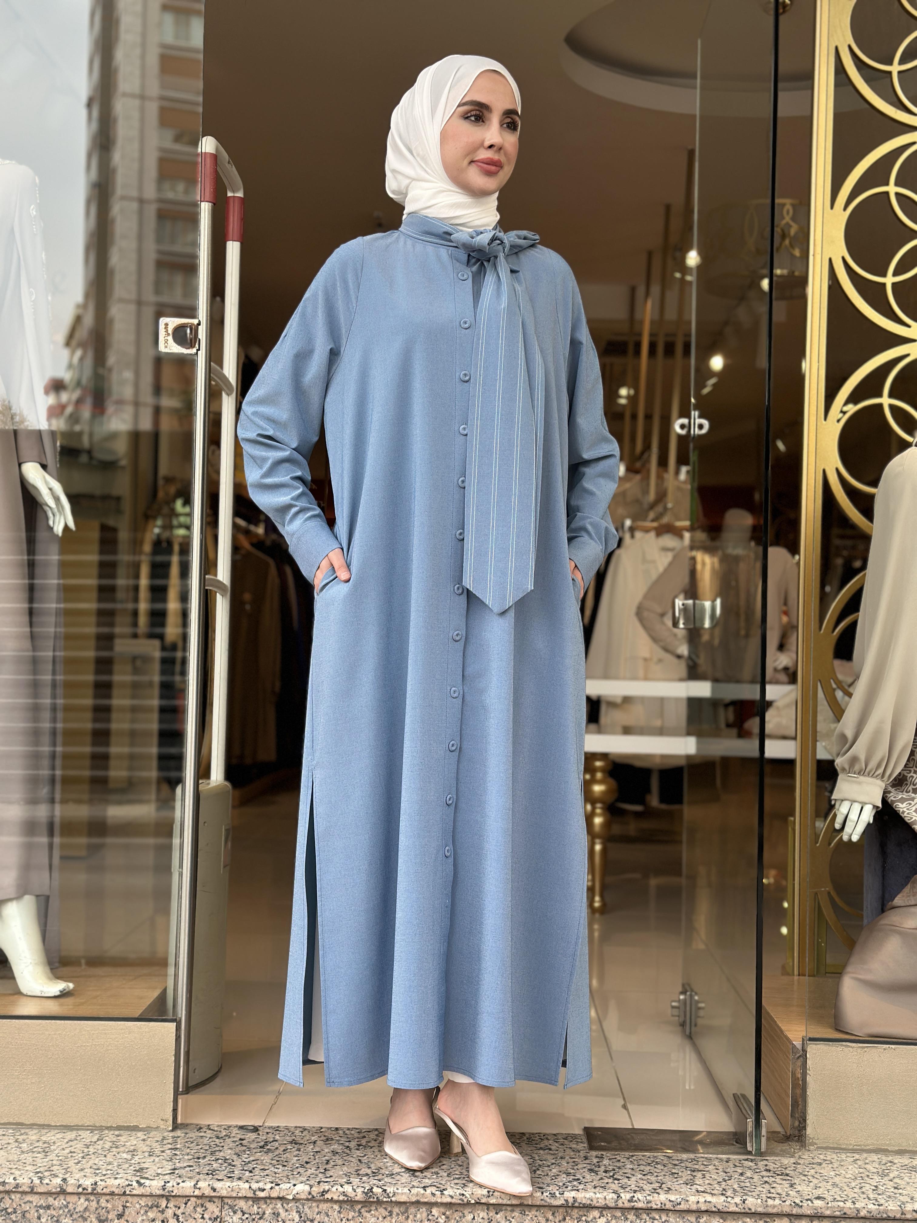 Cotton Viscon Çizgi Fularlı Elbise - Mavi