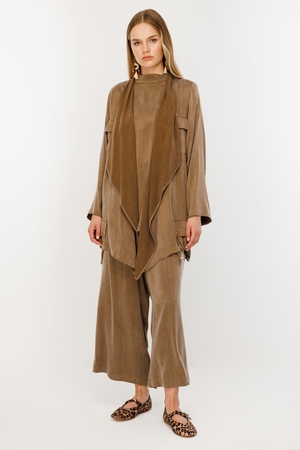 Cupro İpek Üçlü Takım - Kahve