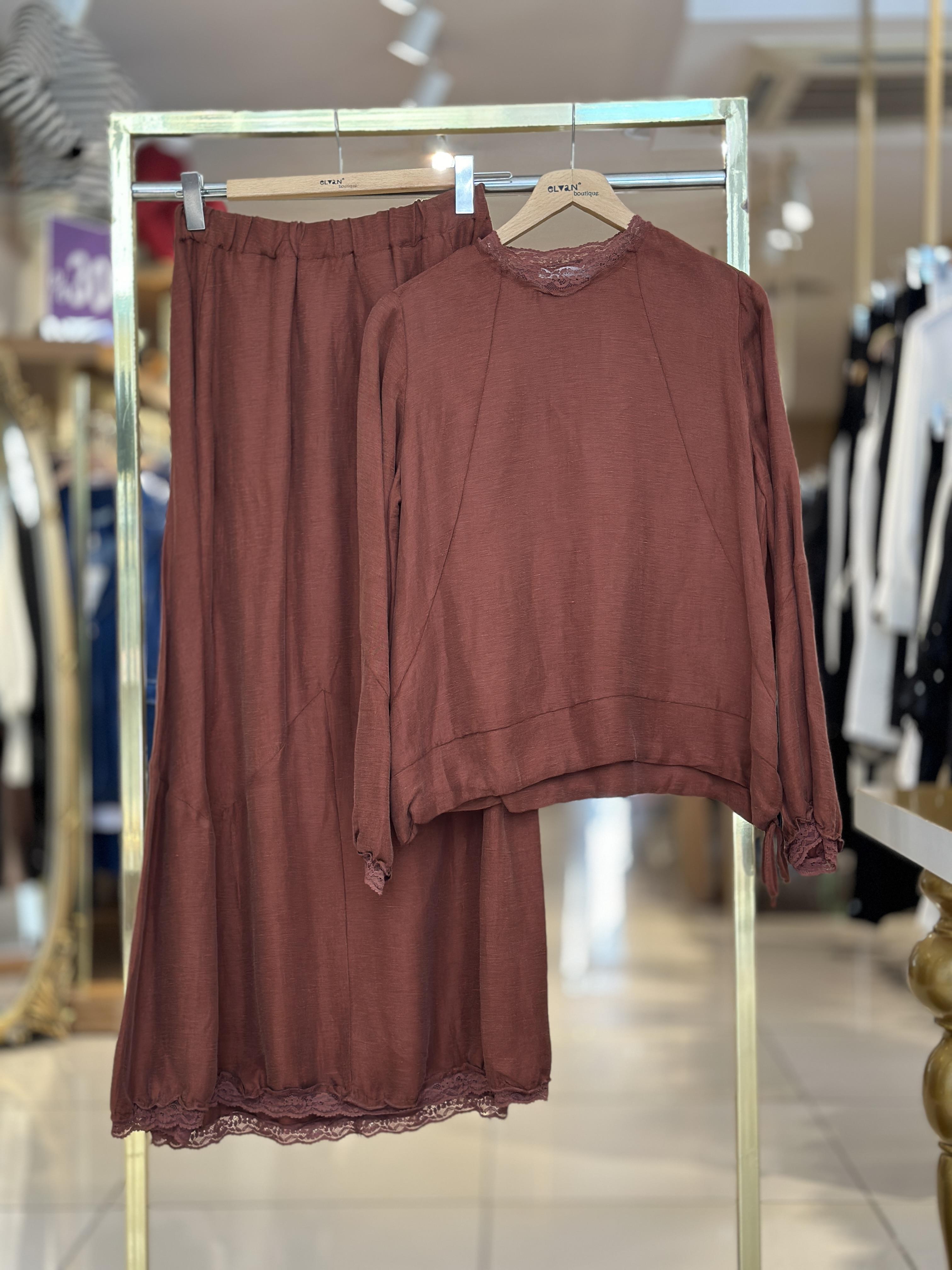 Dantel Detay Etek Takım - Turuncu