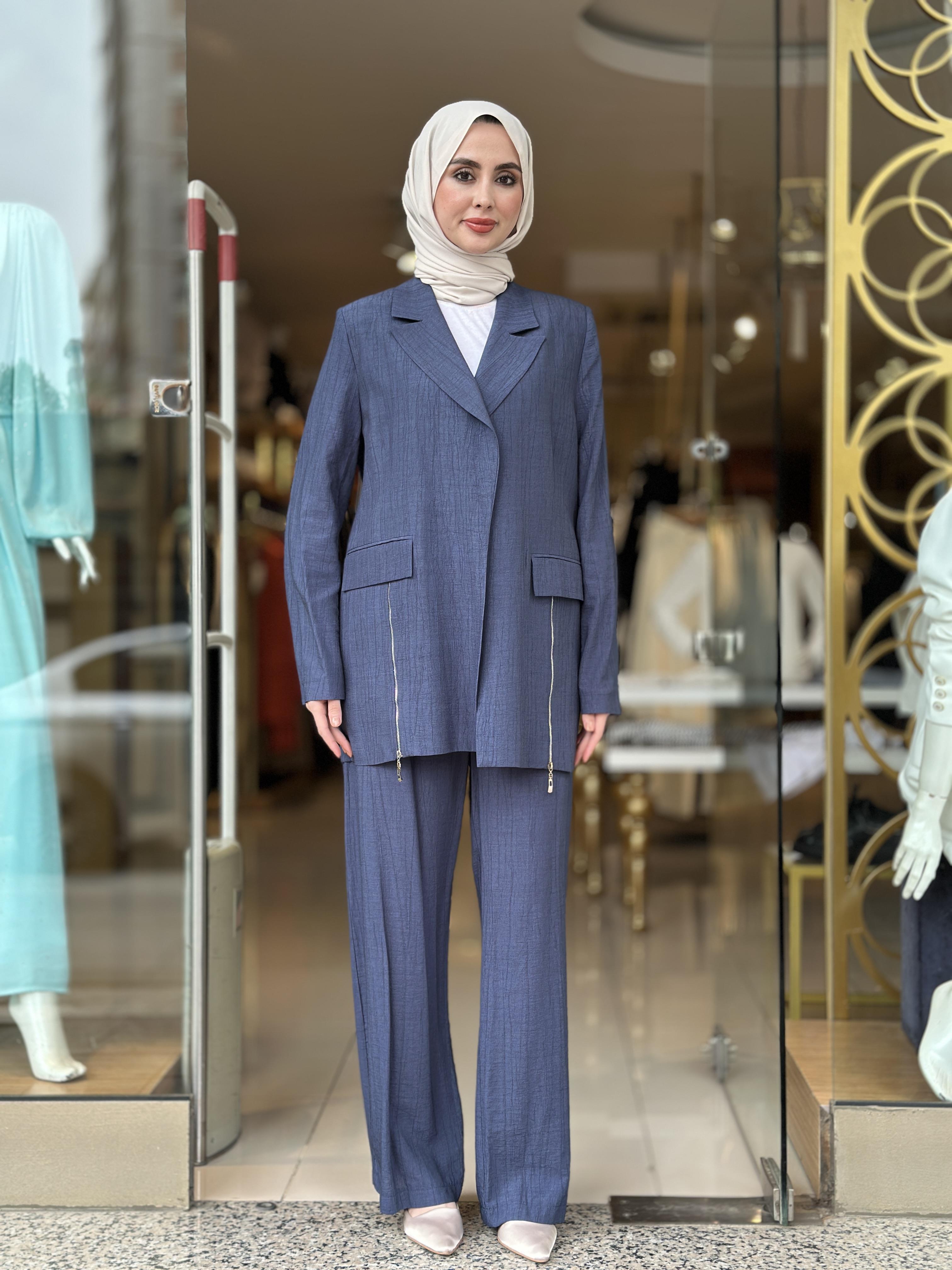 Fermuar Detaylı Blazer Takım - İndigo 