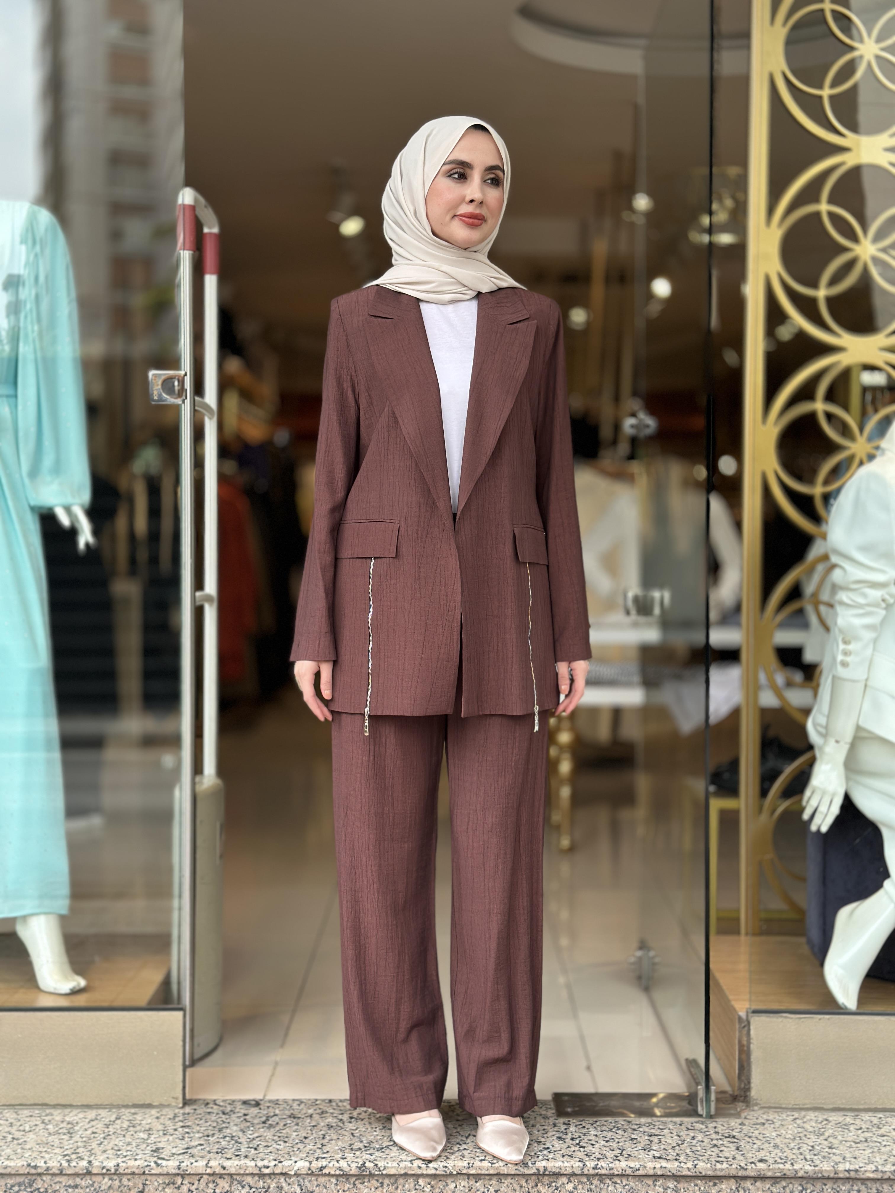 Fermuar Detaylı Blazer Takım - Kahverengi