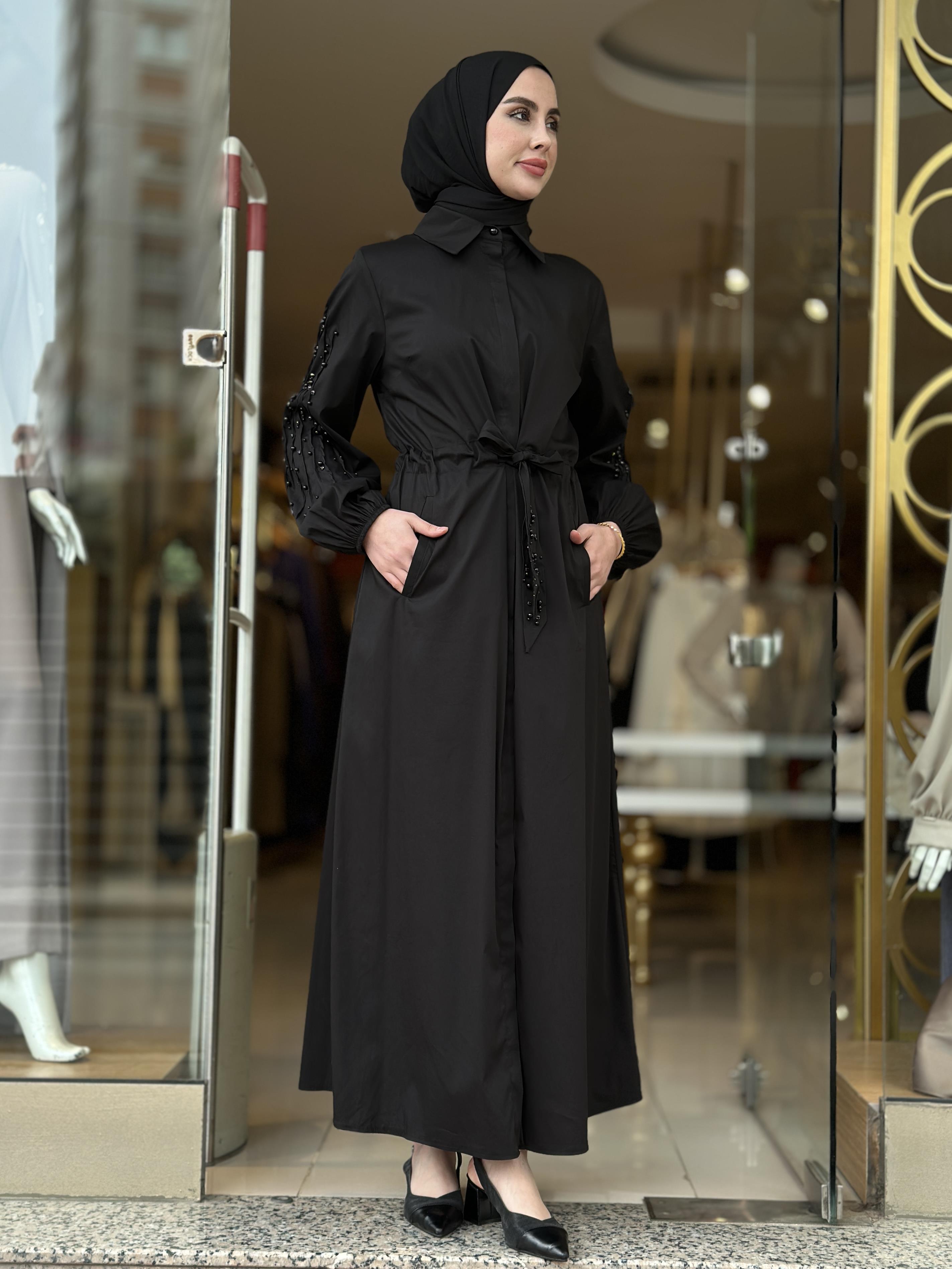 İnci Detay Gömlek Elbise - Siyah