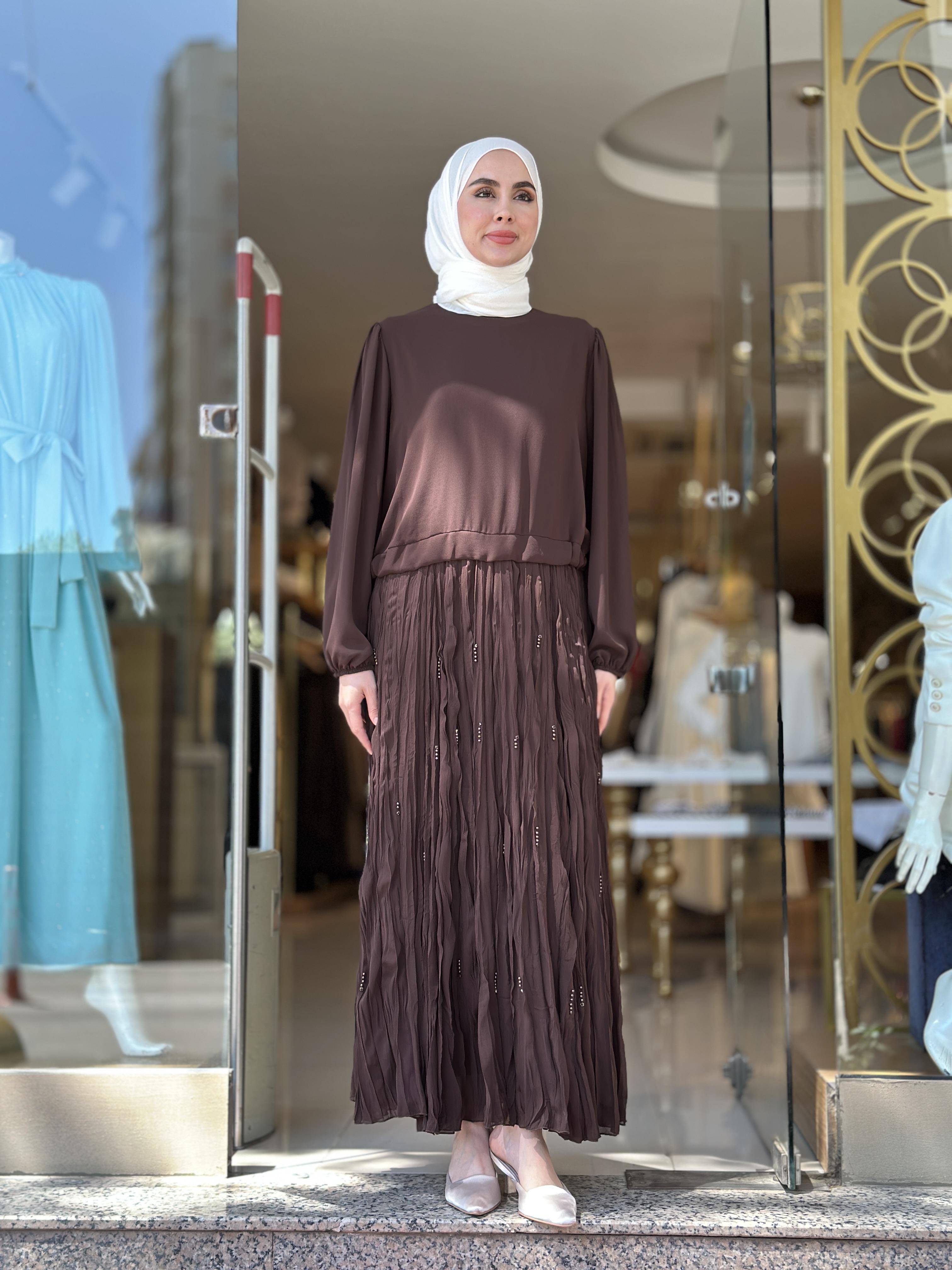 İnci İşlemeli Krep Kırıştırma Elbise - Kahverengi