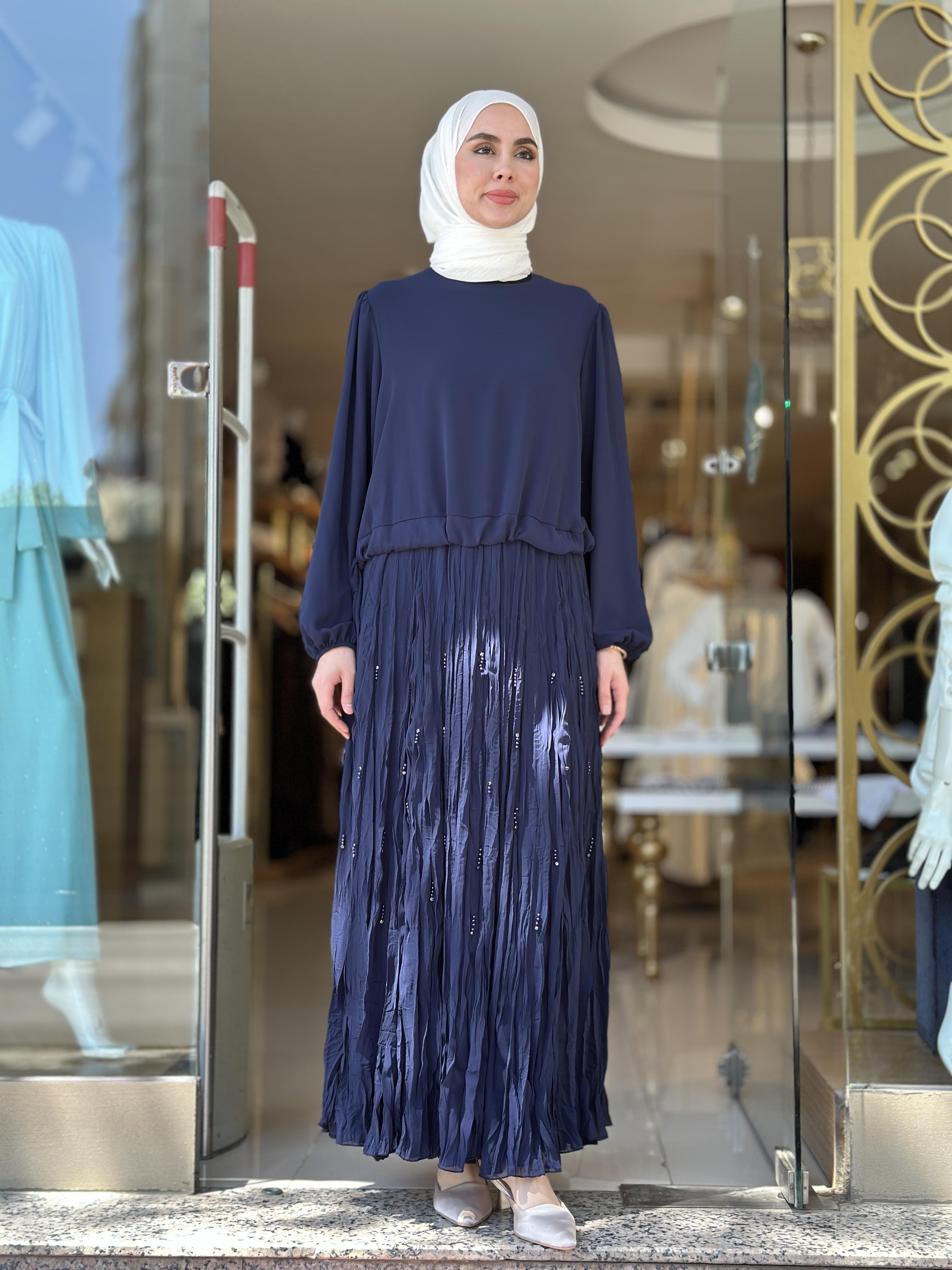 İnci İşlemeli Krep Kırıştırma Elbise - Lacivert