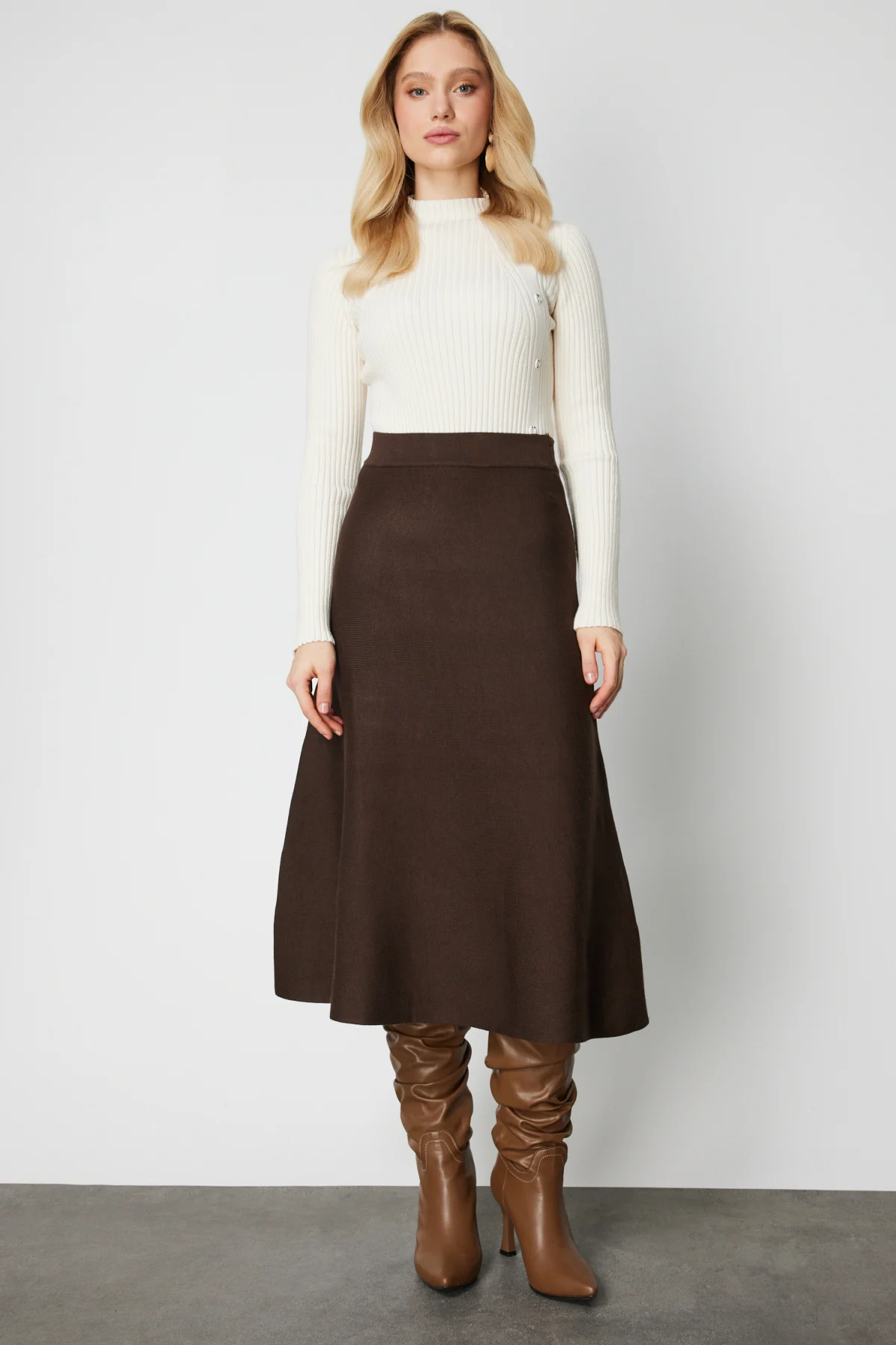 Kalın Bel Triko Etek - Kahverengi