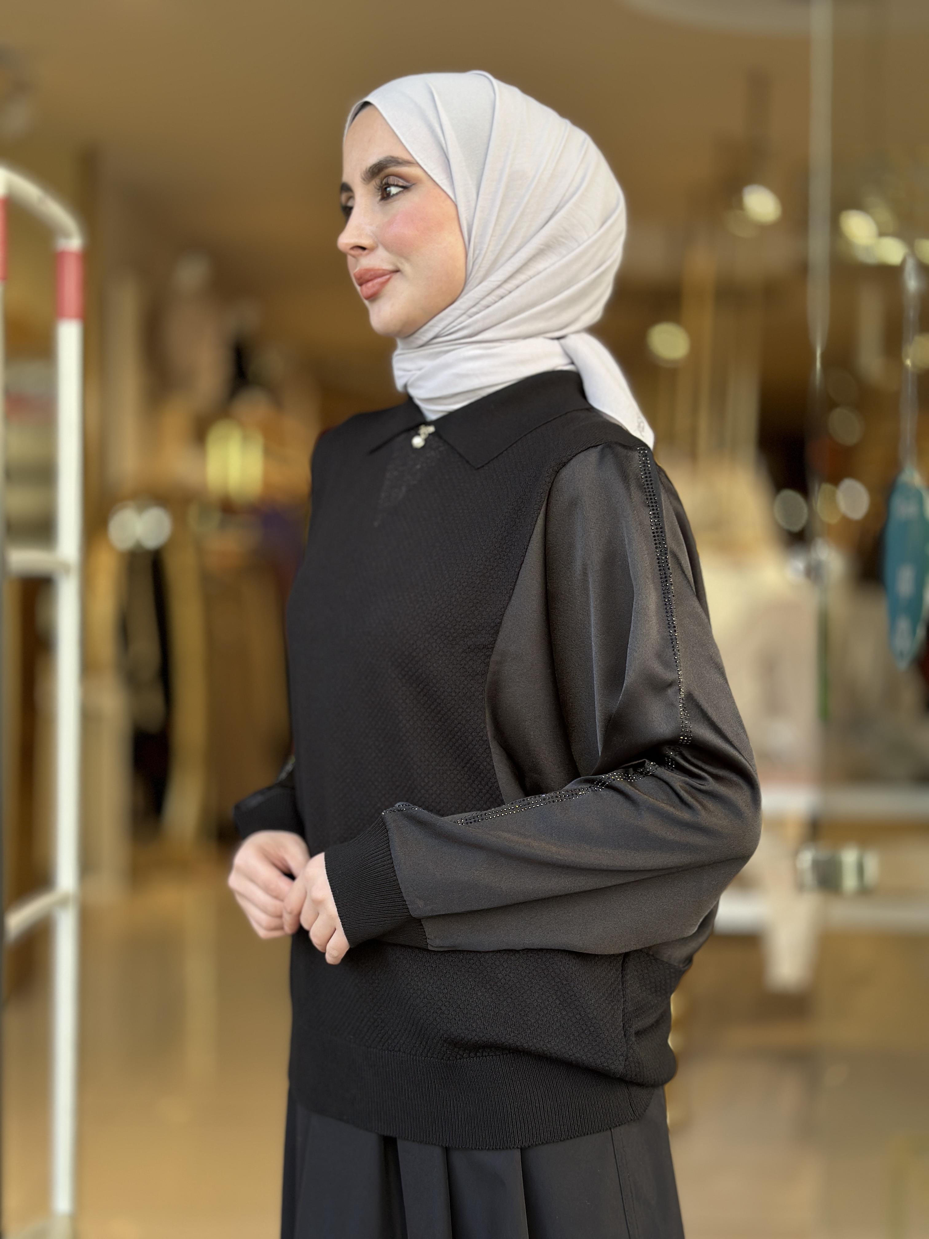Kol Taş İşlemeli Saten Merserize Tunik - Siyah