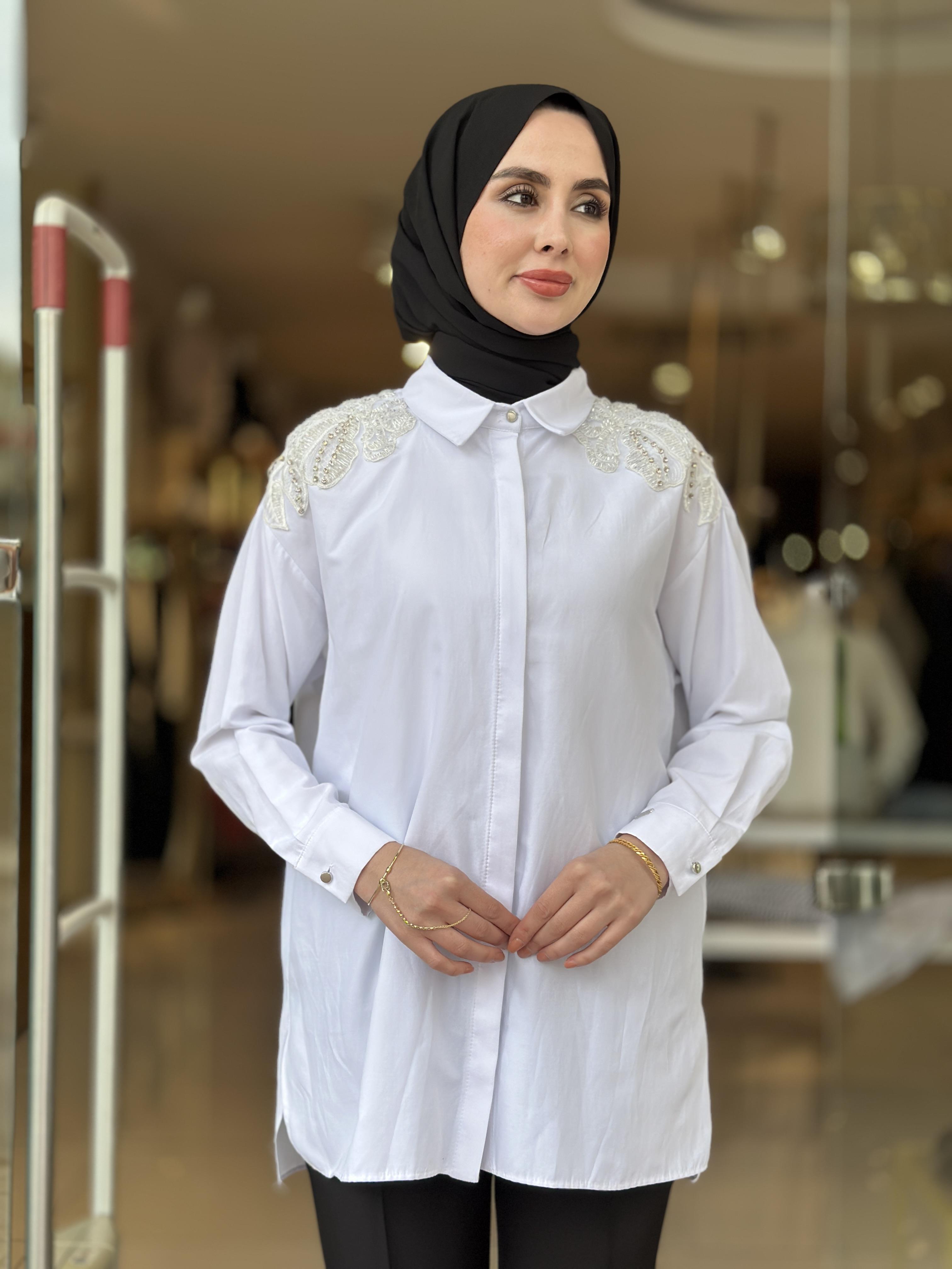 Kristal Boncuk İşlemeli Gömlek - Beyaz
