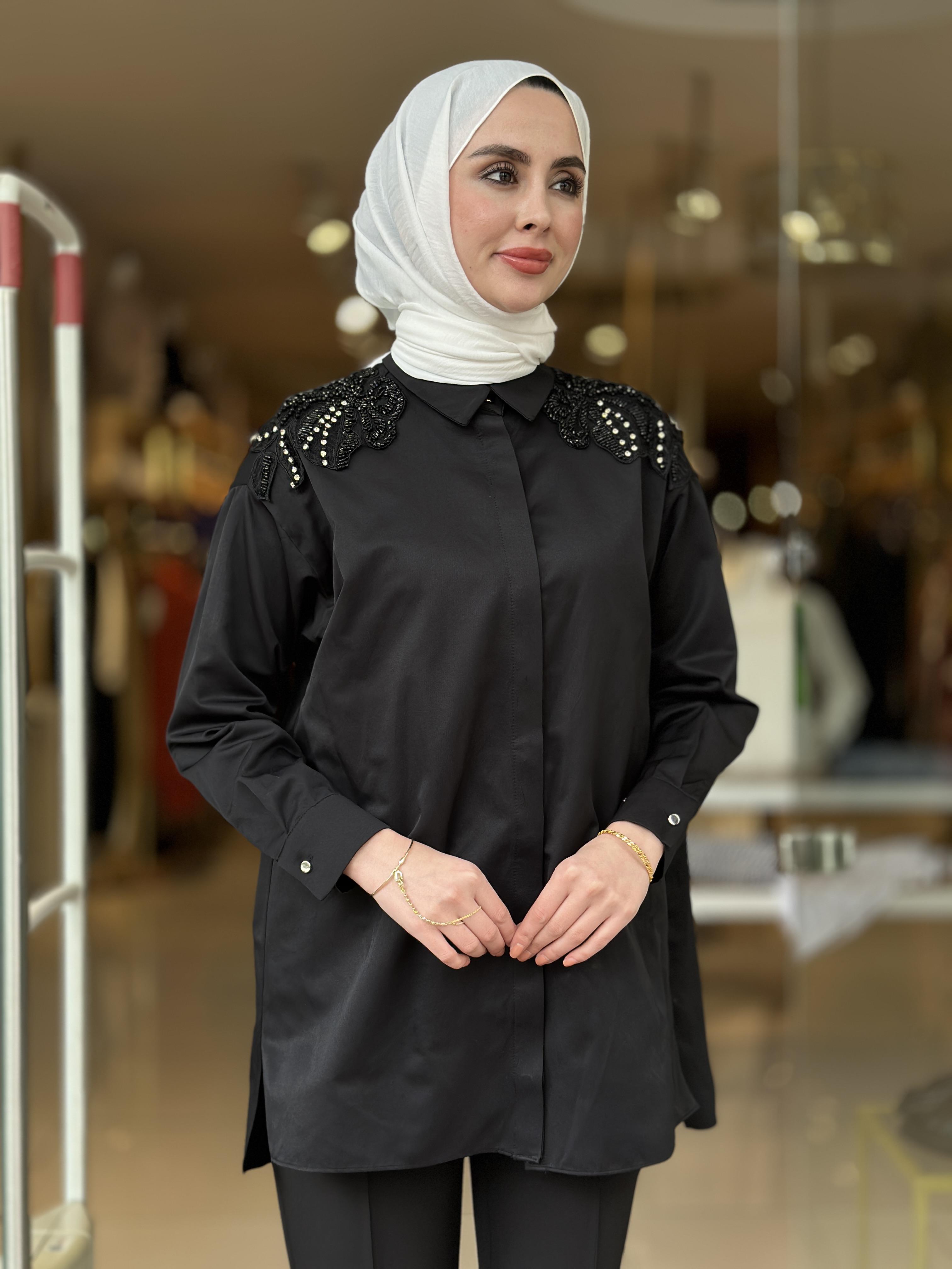 Kristal Boncuk İşlemeli Gömlek - Siyah 
