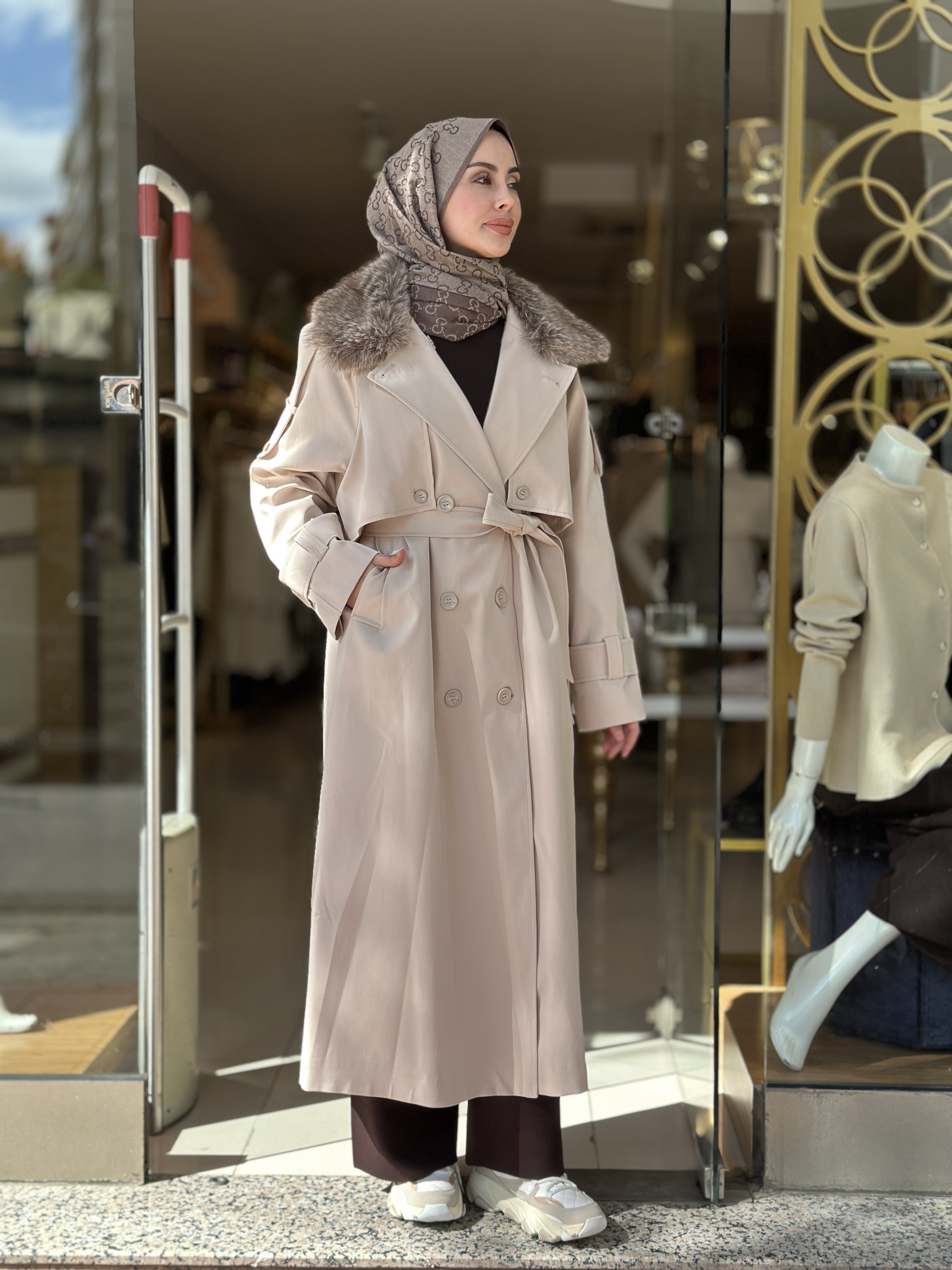 Kürklü Rose Trençkot - Taş
