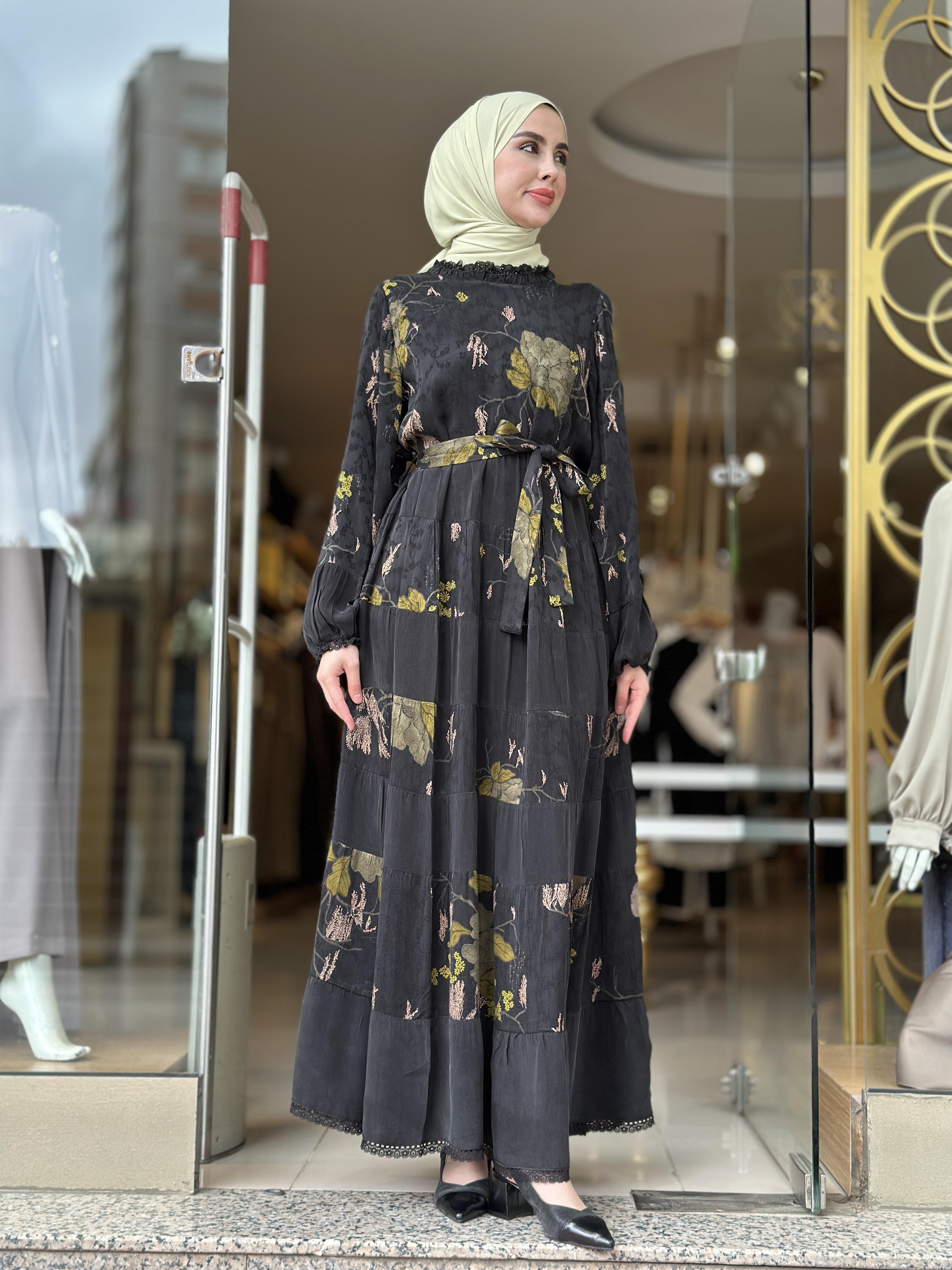 Misswhence Desenli İpek Cupra Elbise - Siyah