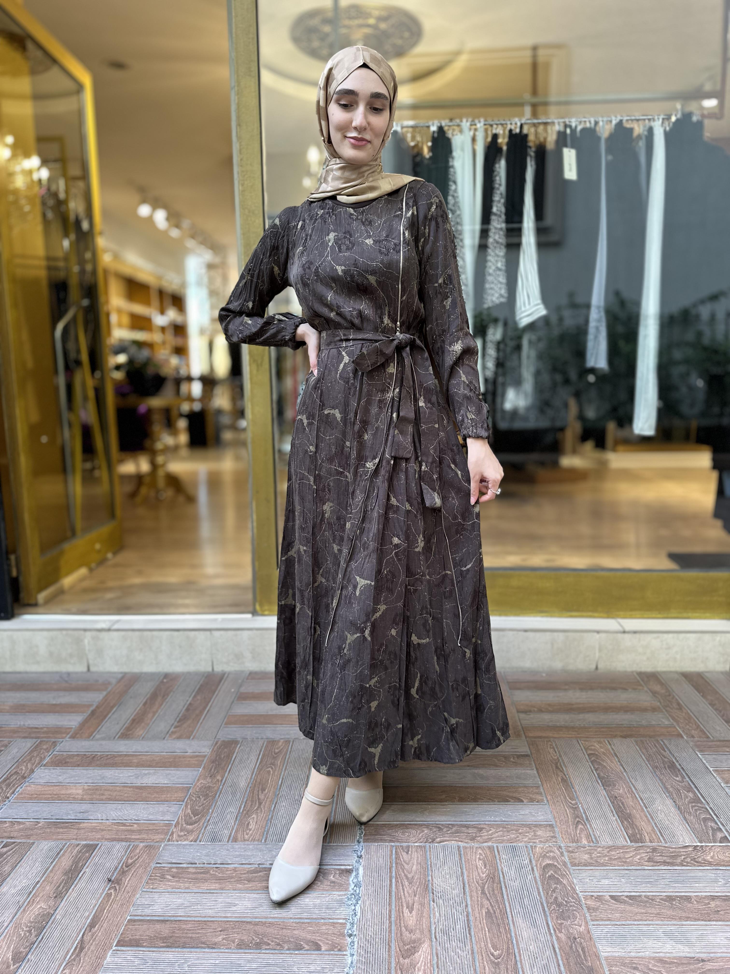 MissWhence Jakarlı İpek Elbise - Kahve