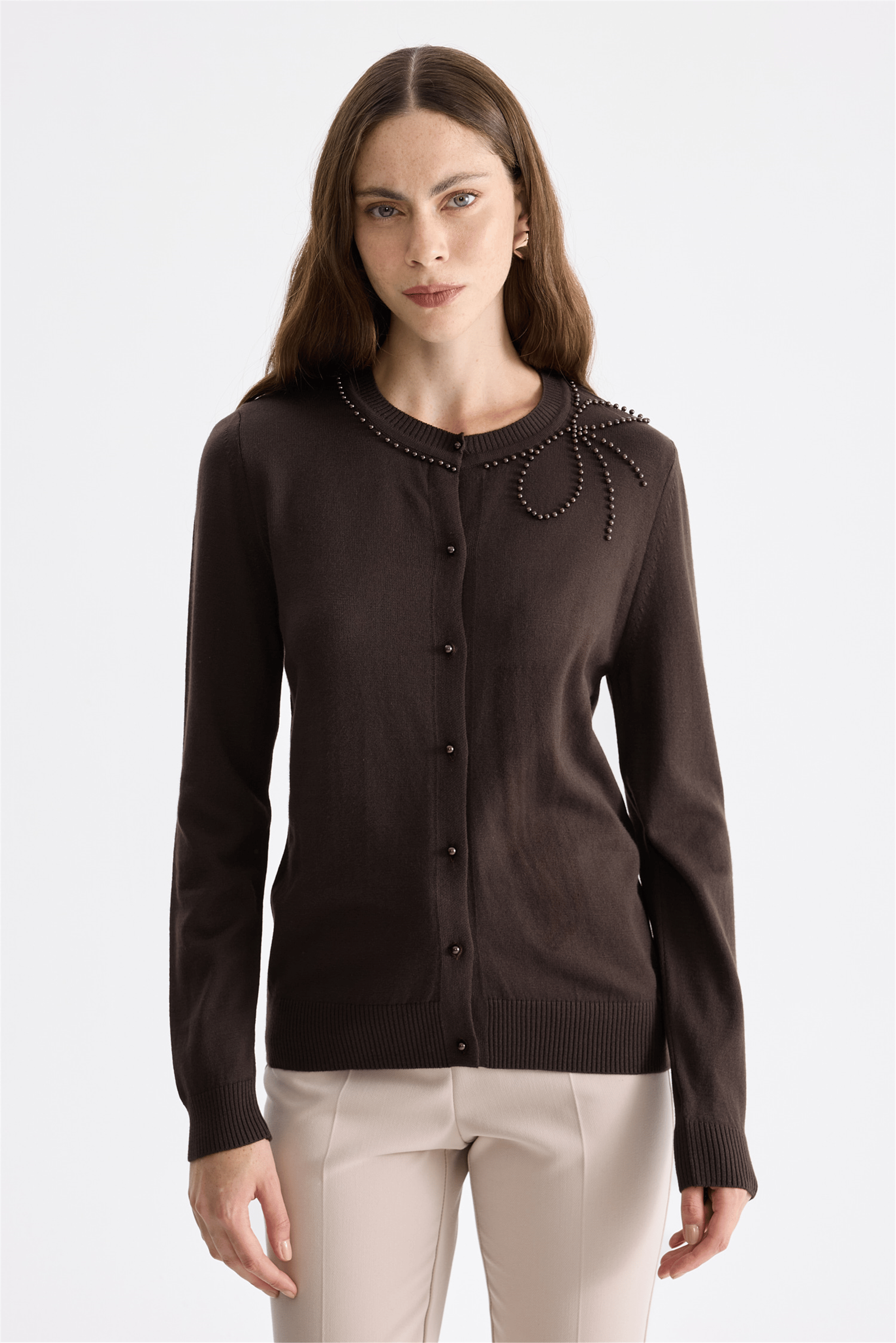 ON FASHION 15908 HIRKA İNCİLİ SIFIR YAKA-Kahverengi