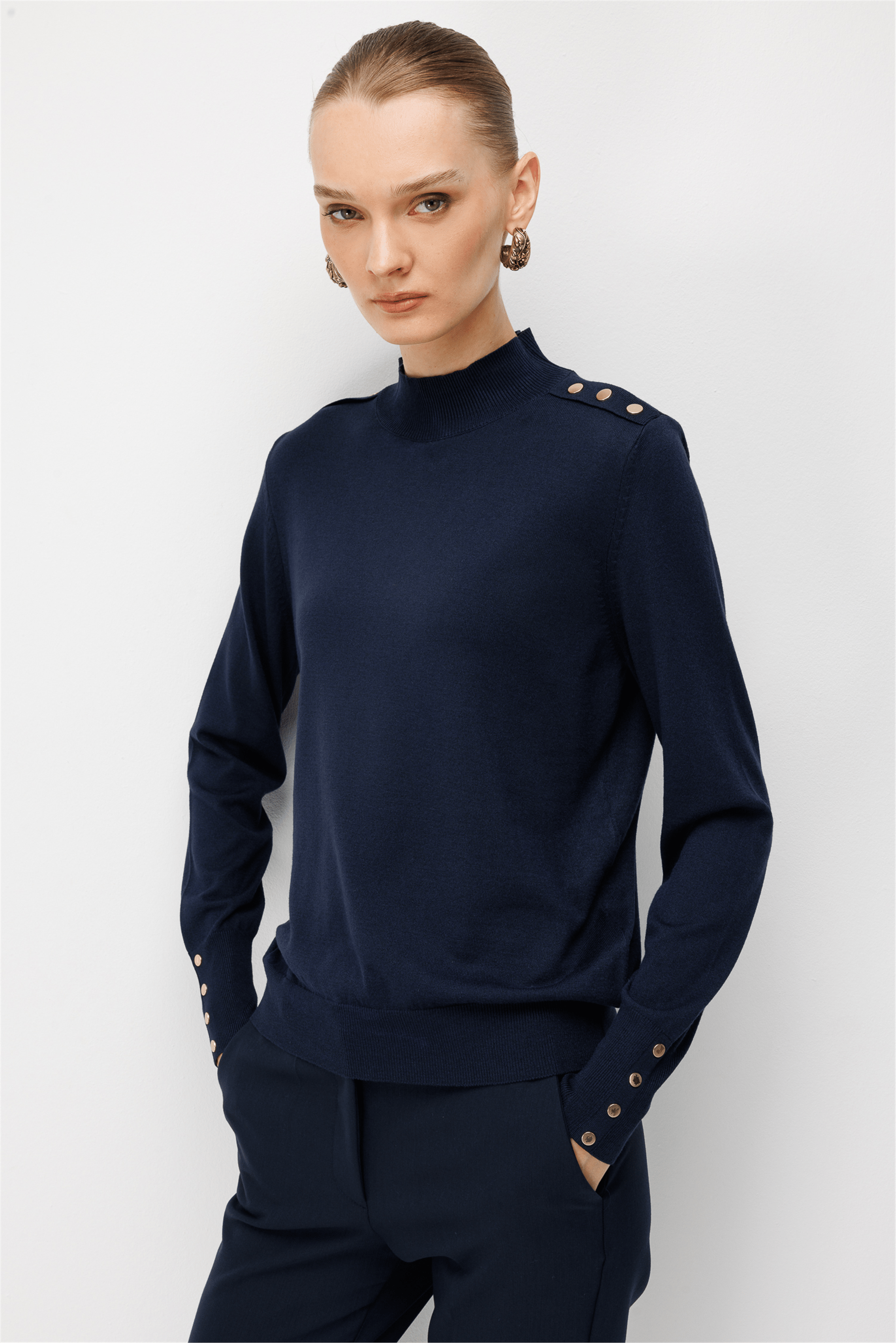 ON FASHION 19306 KAZAK YARIM BALIKÇI DÜĞMELİ-Lacivert