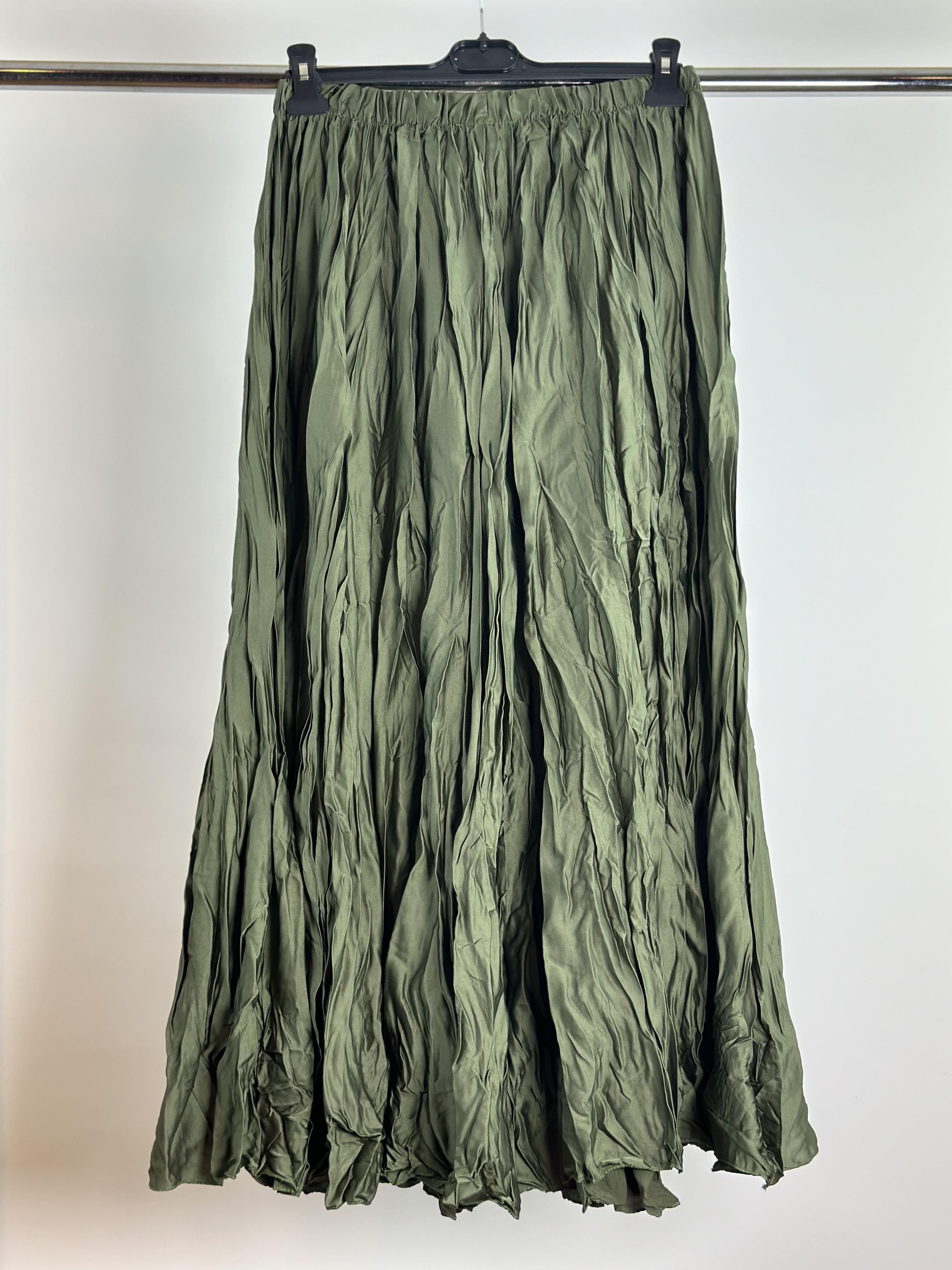 Saten Kırıştırma Etek - Haki