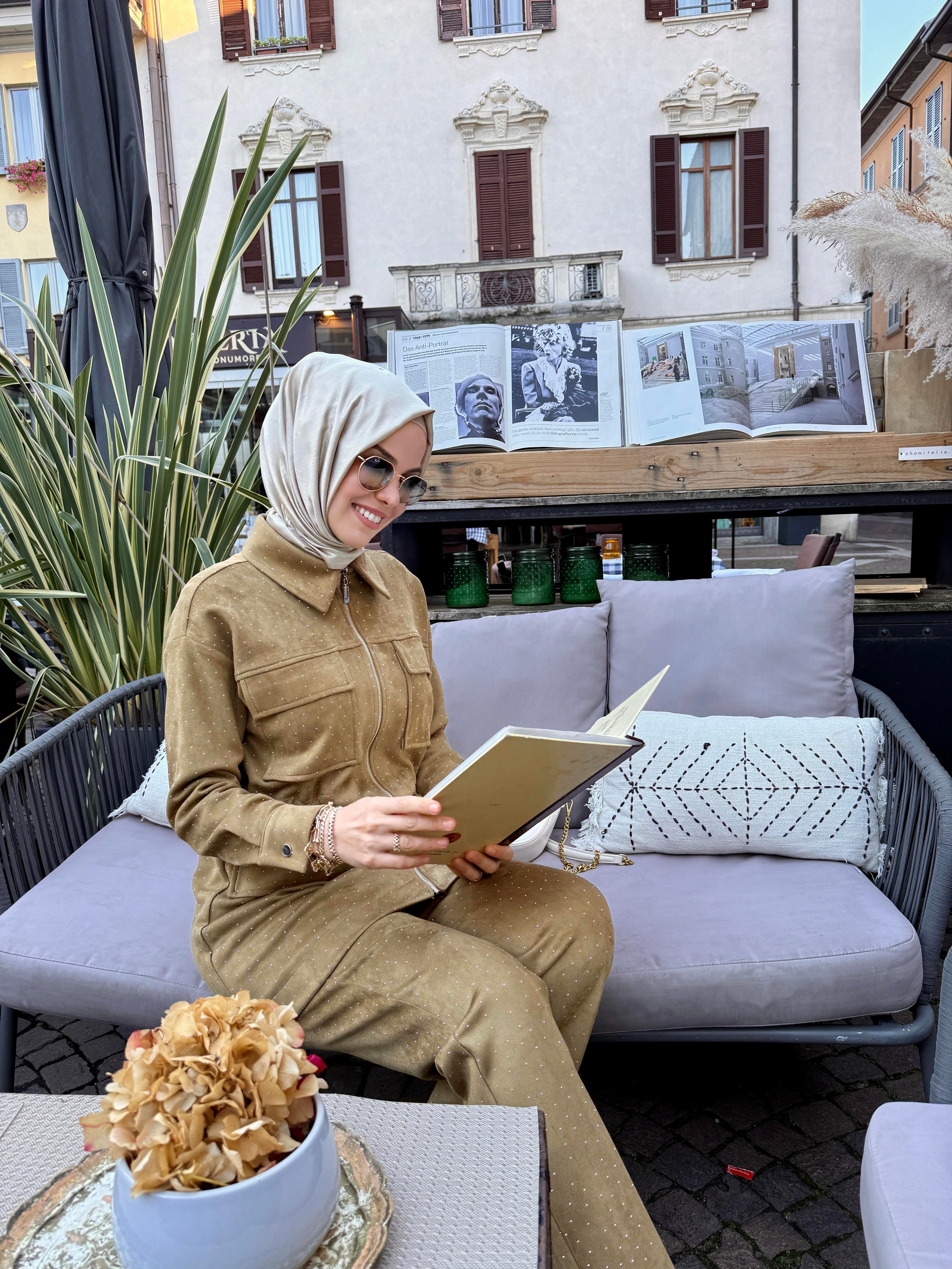 Serpme Taşlı Süet Pantolon Takım - Camel