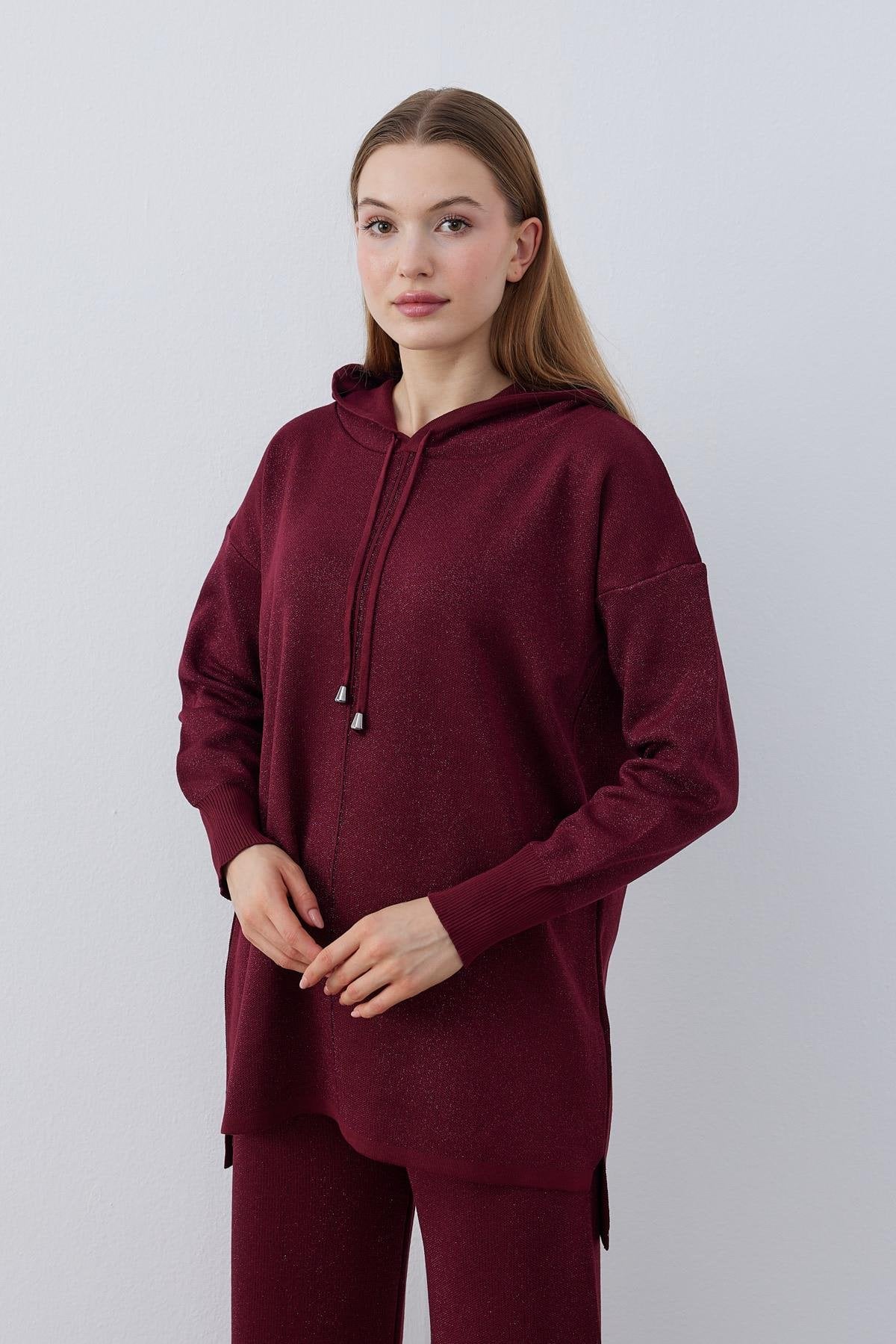 Simli Triko Kapşonlu Pantolon Takım - Bordo